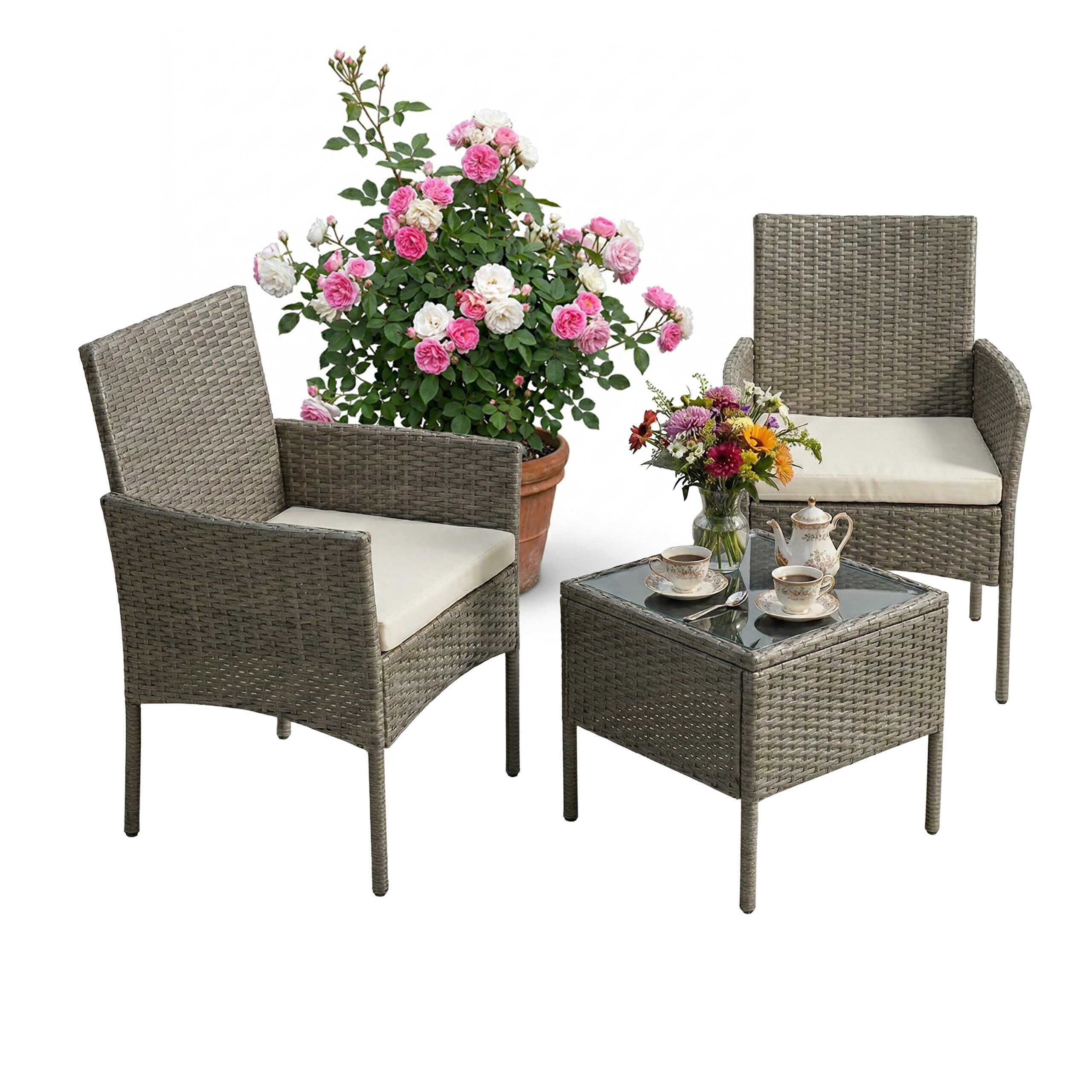 relaxdays Gartenlounge-Set 3-teiliges Gartenmöbel Set Rattan, (3-tlg), grau