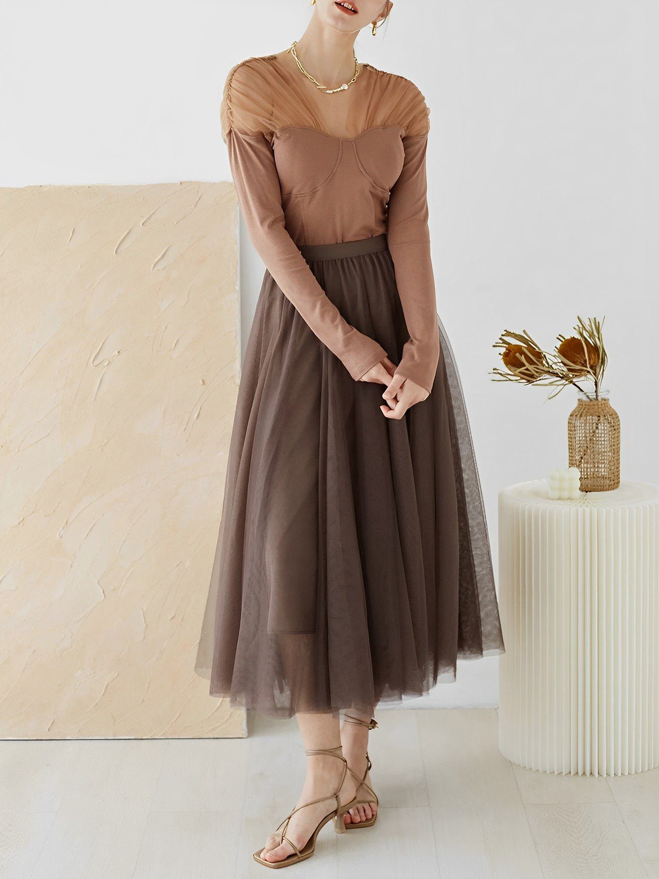 DEBAIJIA Meshrock Meshrock Damen Maxirock Sommer Elegant Lange Röcke Kleid Hohe Taille
