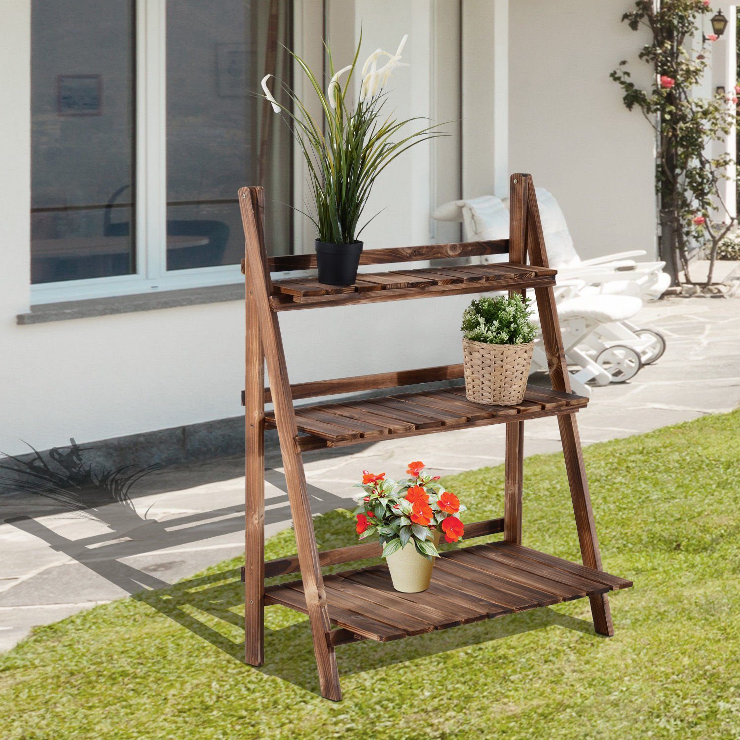 Outsunny Pflanzentreppe Pflanzenregal (Blumenbank, 1 St., Blumenständer), für Garten, Balkon, Verkohlt
