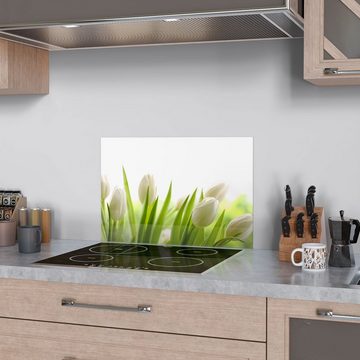 DEQORI Küchenrückwand 'Schneeweiße Tulpen', Glas Spritzschutz Badrückwand Herdblende