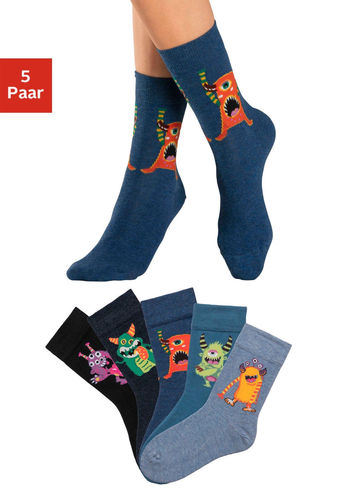 H.I.S Freizeitsocken (Packung, 5-Paar) mit lustigen Monstermotiven