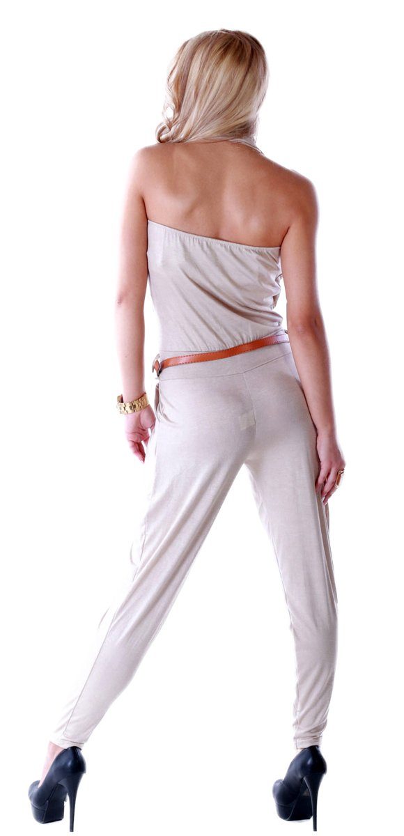 Moda mit Charis Overall Jumpsuit Hellbeige Ziergürtel Neckholder