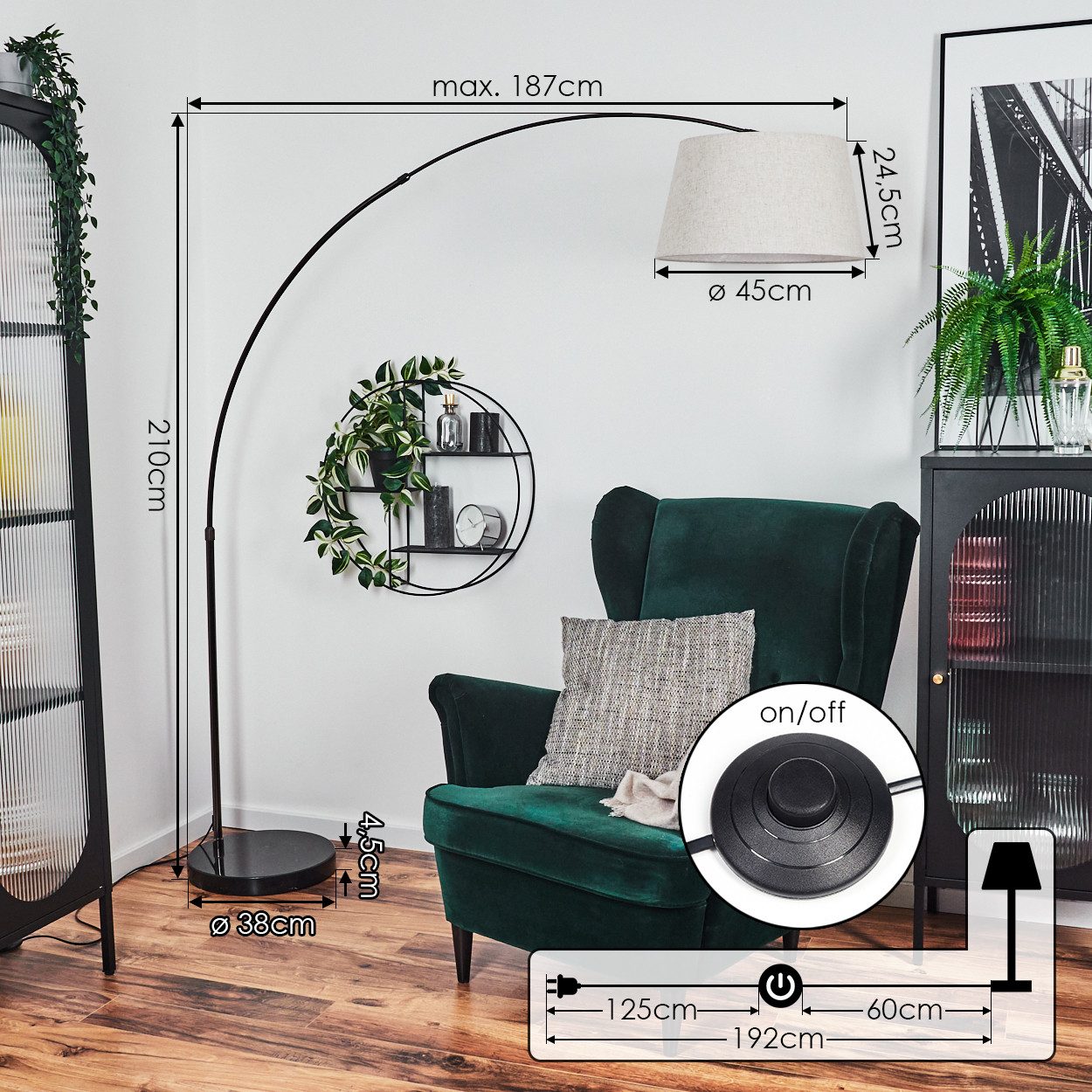 hofstein Bogenlampe Stehlampe mit Marmorfuß aus Metall/Stoff in Schwarz/Chrom/Beige/Weiß, Stehleuchte im modernen Design, Ø 45 cm, Fußschalter, E27 – Bild 4 von 5