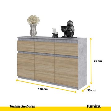 Furnica Kommode NOAH 3 Schubladen und 3 Türen - Beton-Optik H75cm B120cm T35cm (1 St)
