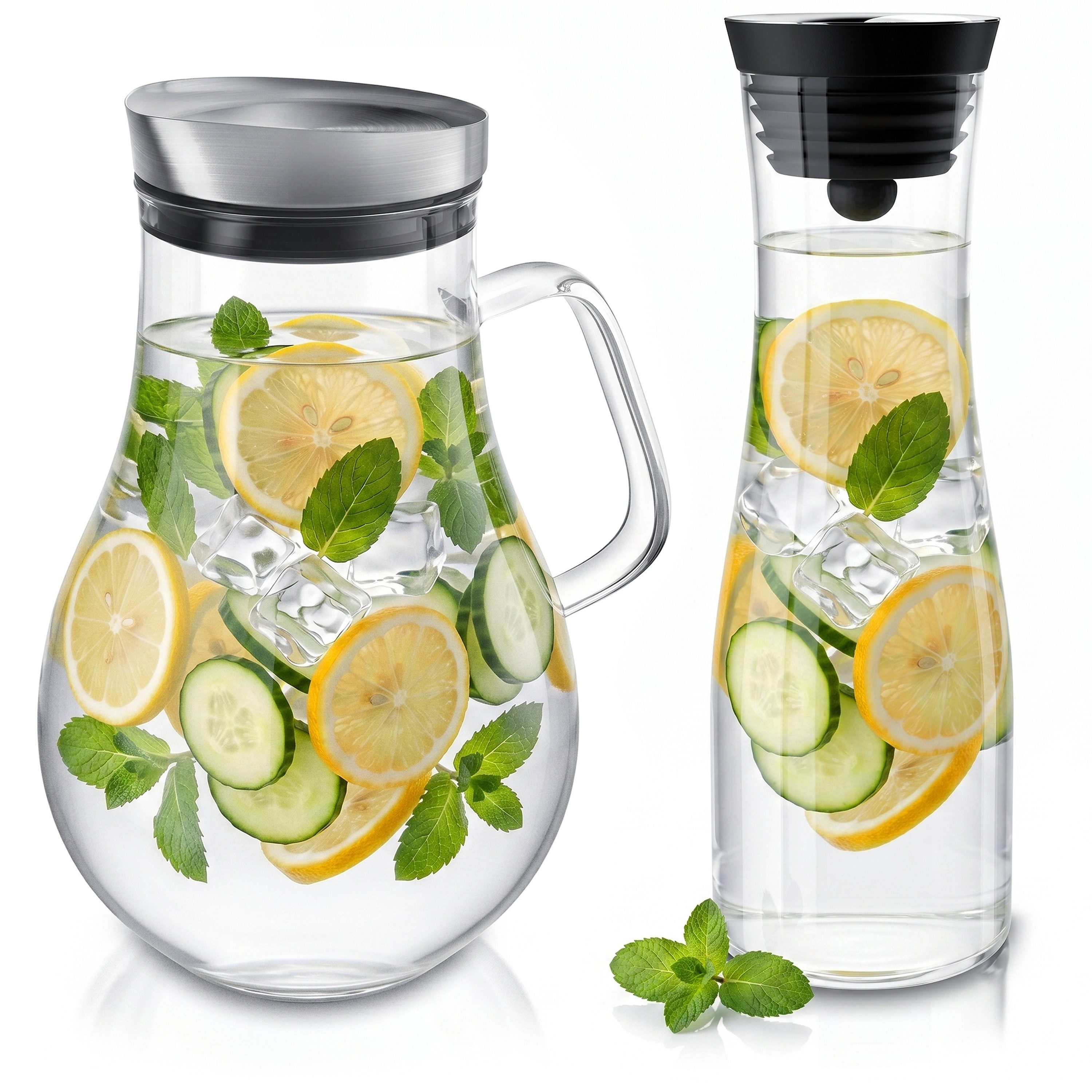 Arendo Karaffe Glaskaraffen-Set: 1200 ml + 2,0 L mit Henkel, Edelstahldeckel, (2-tlg), Wasserkaraffe, Borosilikatglas, 1,2 L, Sieb, BPA-frei