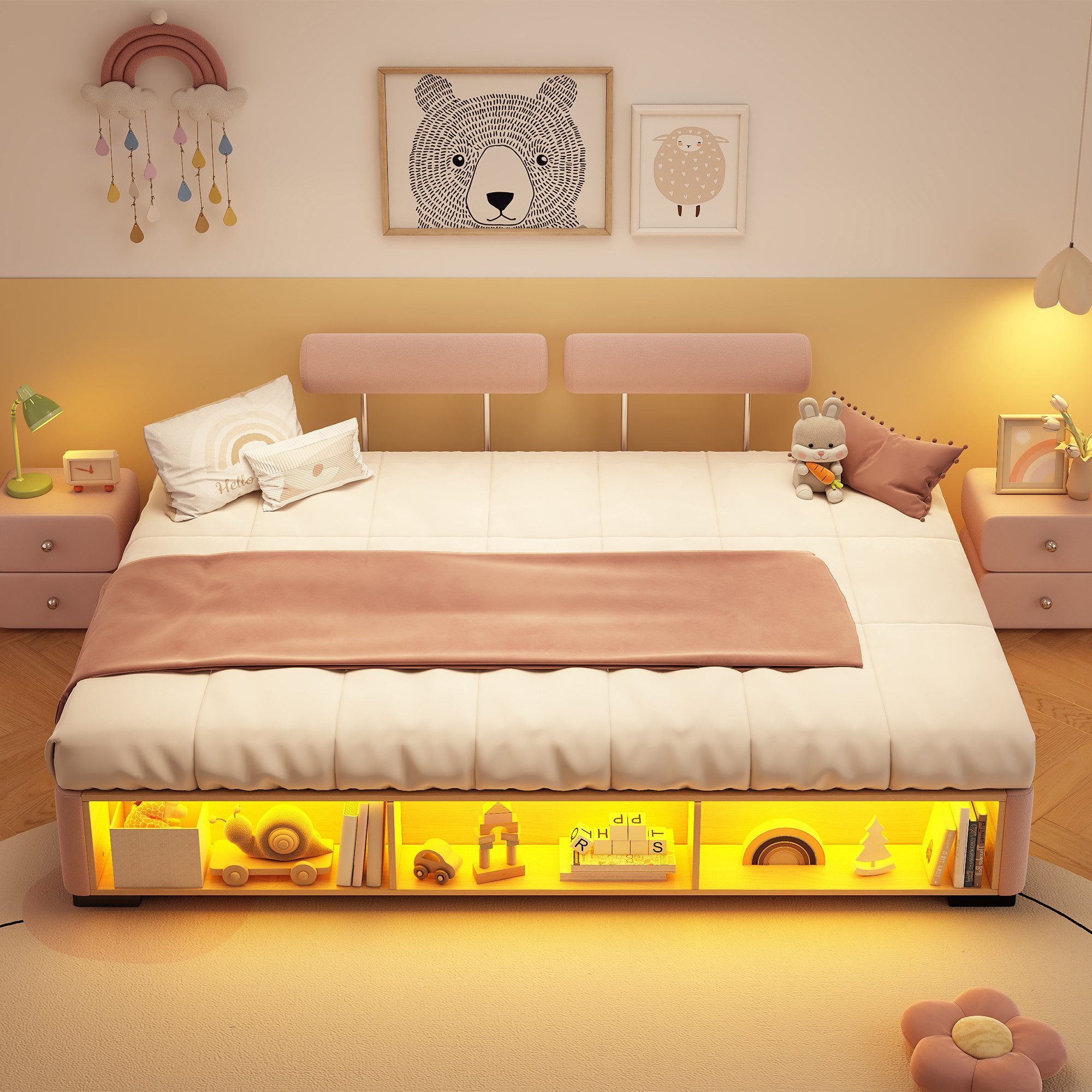 TavilaEcon Polsterbett Kinderbett, Jugendbett mit LED-Seitenregal und offenem Stauraum (1-tlg), für Kinderzimmer, 90x200cm, rosa