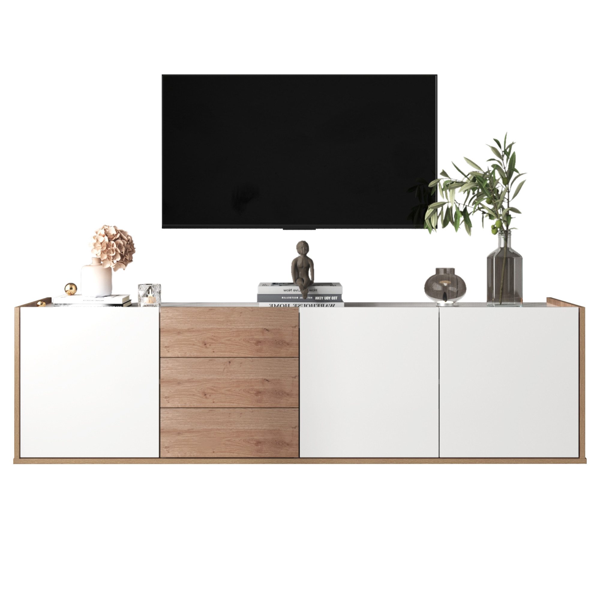Merax TV-Schrank Landhaus mit 3 Schubladen und 3 Türen, Fernsehtisch Lowboard mit verstellbaren Einlegeböden,TV-Board freistehend/hängend