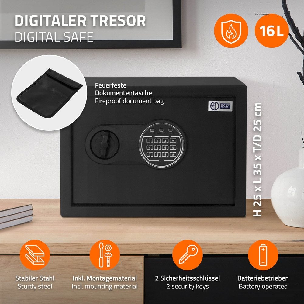 ECD Germany Tresor Elektronischer Safe, Wandtresor mit PIN-Code, Schlüssel & Sensorlicht, Zimmersafe 16L mit Digitaler Tastatur, Möbeltresor