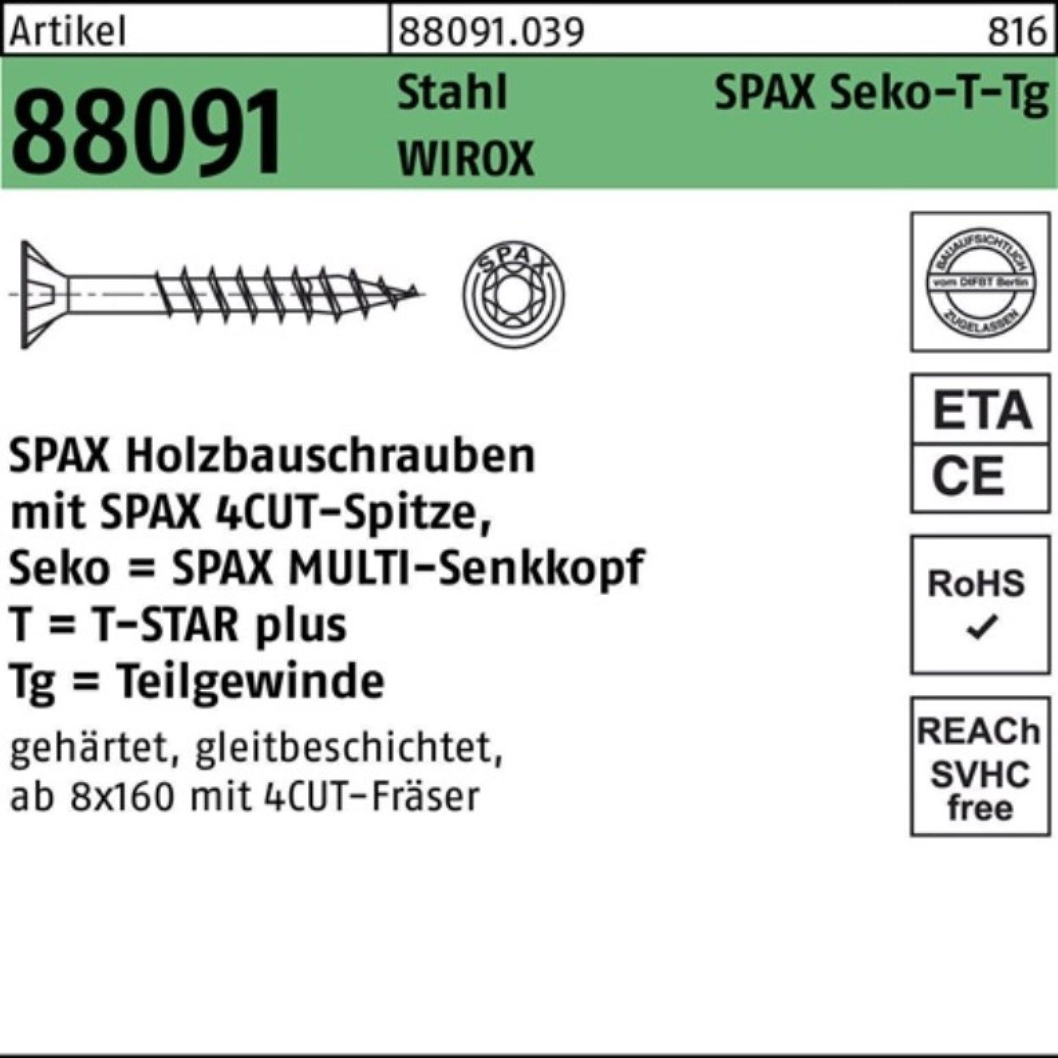 SPAX Schraube 100er Pack Schraube R 88091 SEKO/T-STAR TG 10x 180/80-T50 Stahl WIROX