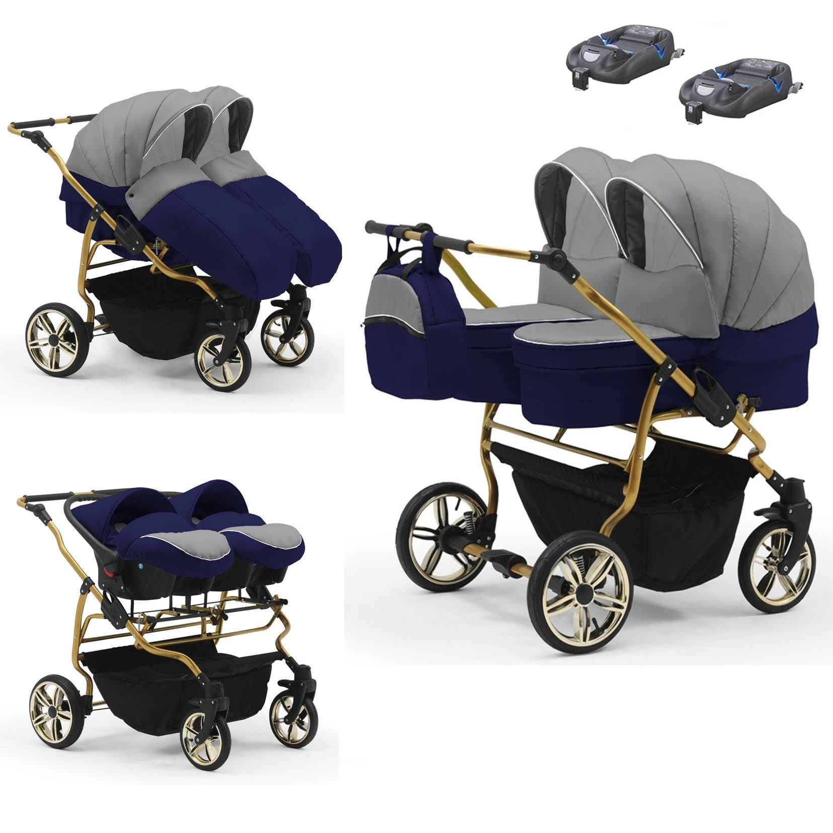 babies-on-wheels Zwillingswagen Zwillingswagen Duet Lux Gold 4 in 1 - 15 Teile - in 33 Farben Grau-Navy