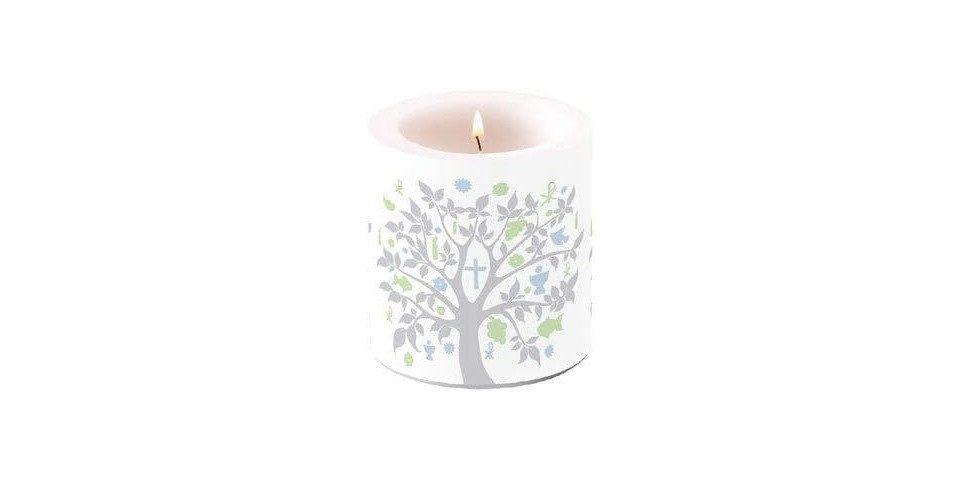 ZauberDeko Stumpenkerze Kerze Baum des Lebens Grau Kommunion Konfirmation 9cm H 7,5cmØ