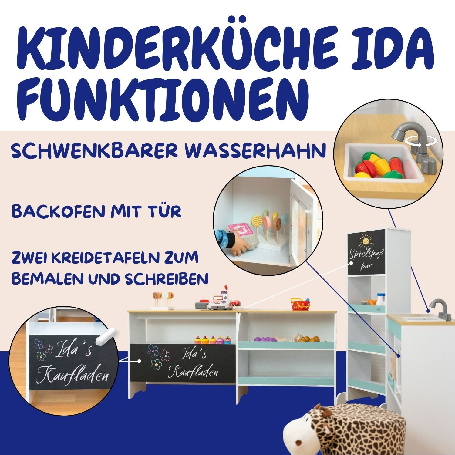 Coemo Spielküche IDA Holz, Türkis Holz Kinderküche 4 Elemente freier Aufbau 2 Kreidetafeln Theke