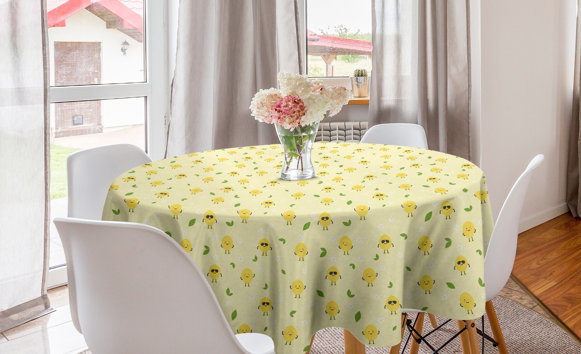 Abakuhaus Tischdecke Kreis Tischdecke Abdeckung für Esszimmer Küche Dekoration, Zitronen Zitrusfrucht Blumen Cartoon