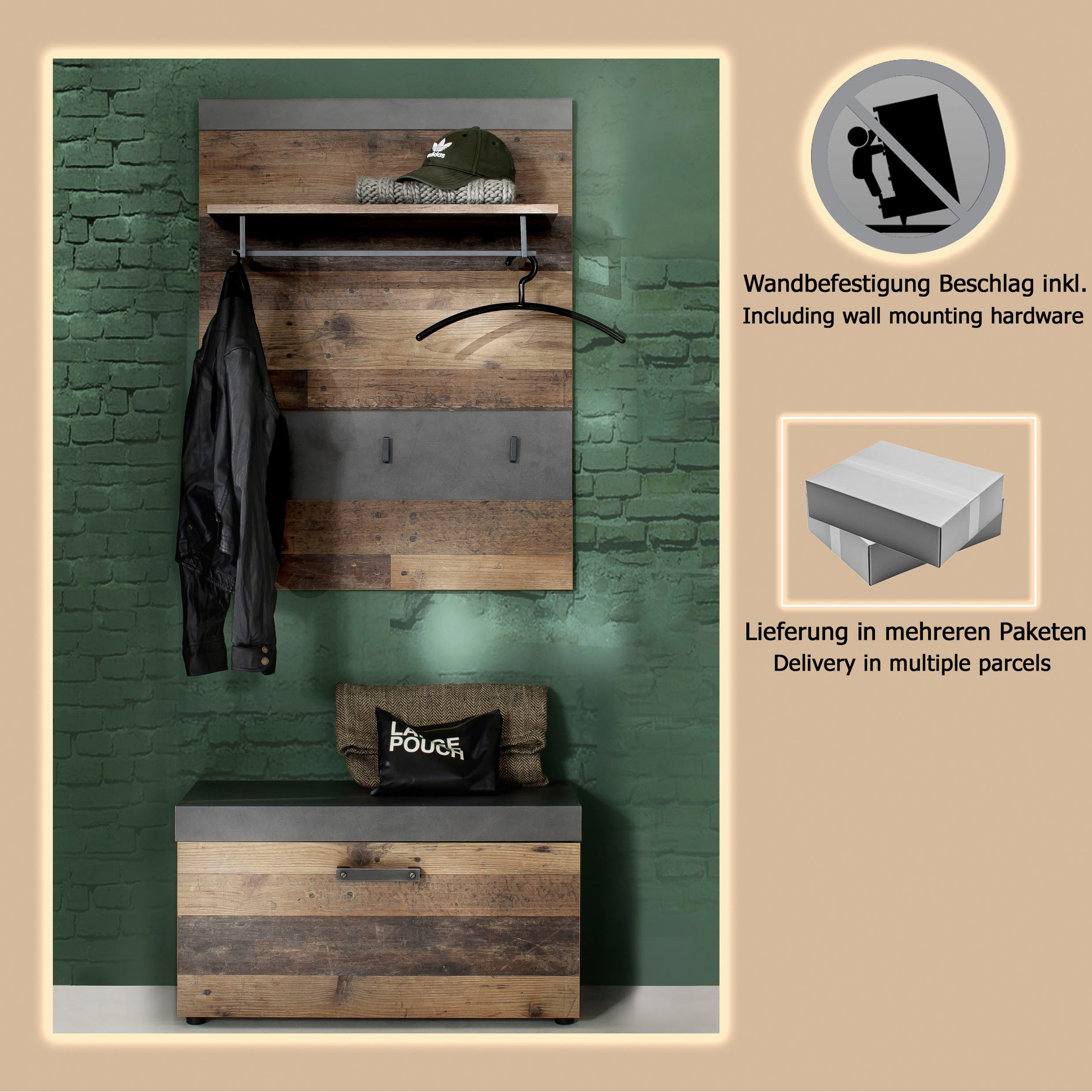 INOSIGN Garderoben-Set Ilana, (Set, 2-St), Garderobenmöbel im modernen Industrial Style mit antikfarbenen Griffen