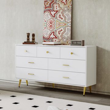 MODFU Sideboard Küchenschrank Kommode (7 Schubladen,goldene Griffe, goldene Beine), latte Schubladenführungen, 140*35*76cm