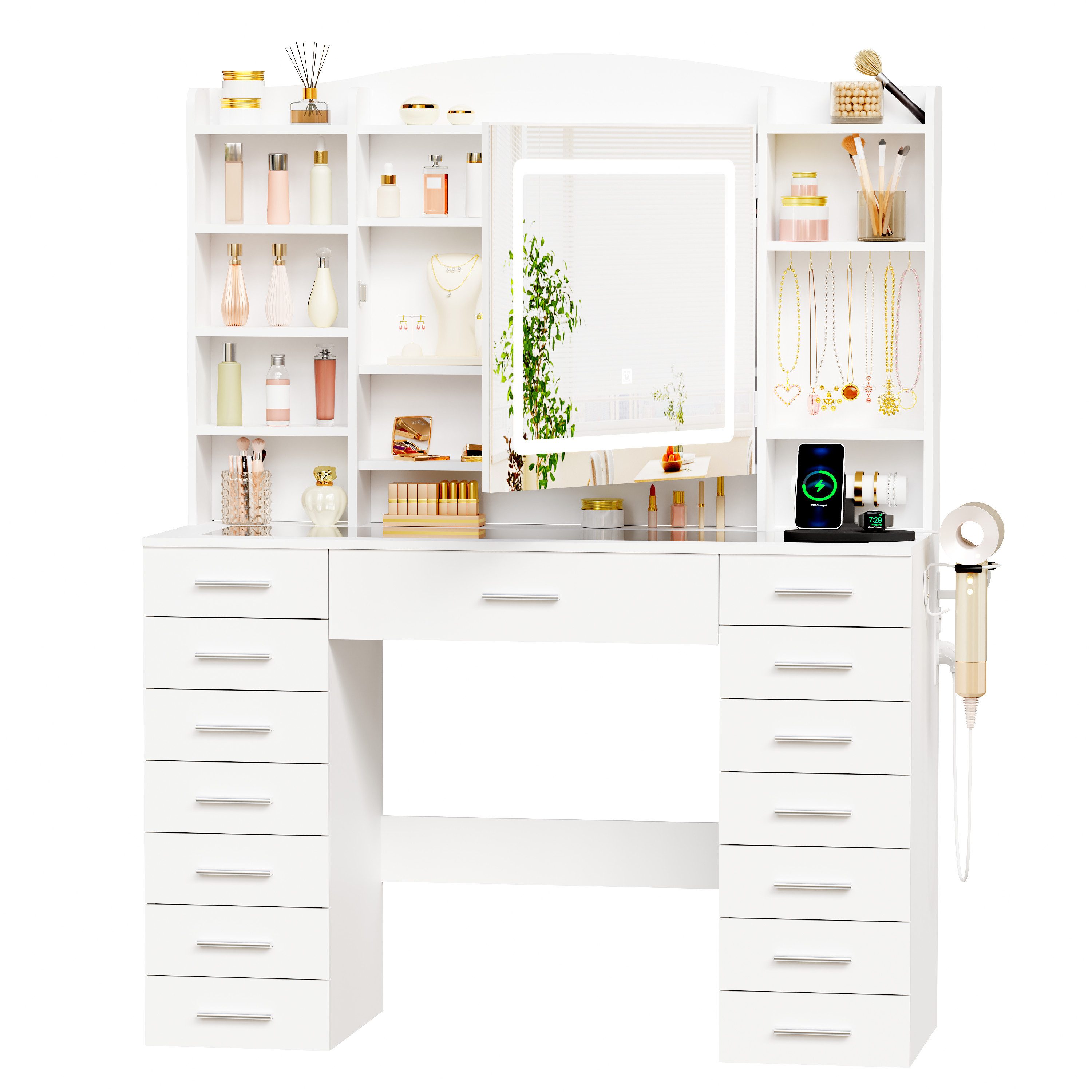 BEWISHOME Schminktisch mit beleuchtung, Steckdose und USB-Anschluss, schminktisch weiß, LED-Spiegel-Schminktisch mit Steckdosen & USB – praktisch & stilvoll