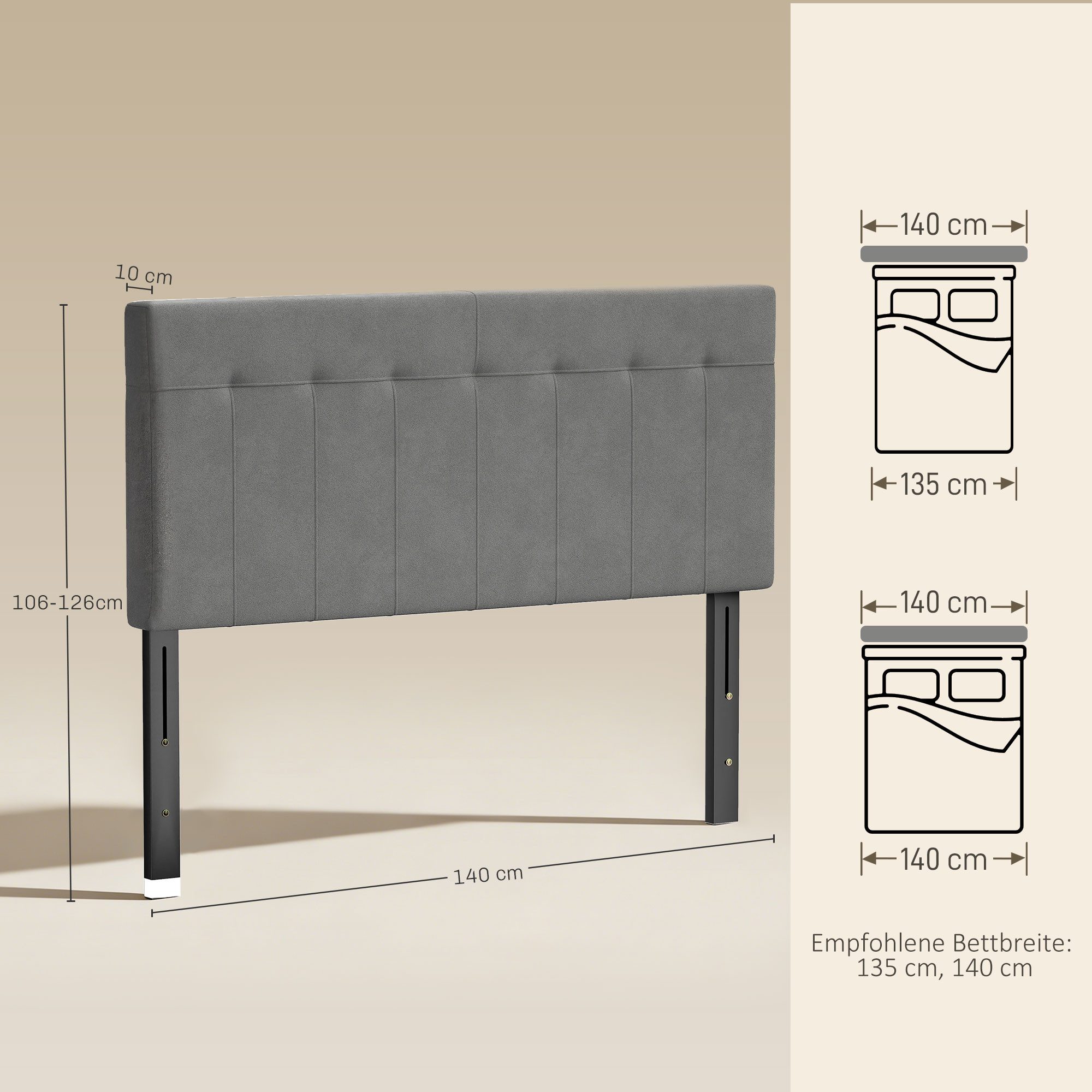 HOMCOM Kopfteil 3-fach höhenverstellbar Bettkopfteil mit Metallbeinen gesteppt, (Bettkopfteil, 1 St., Polsterkopfteil für Bett), für Schlafzimmer, Grau
