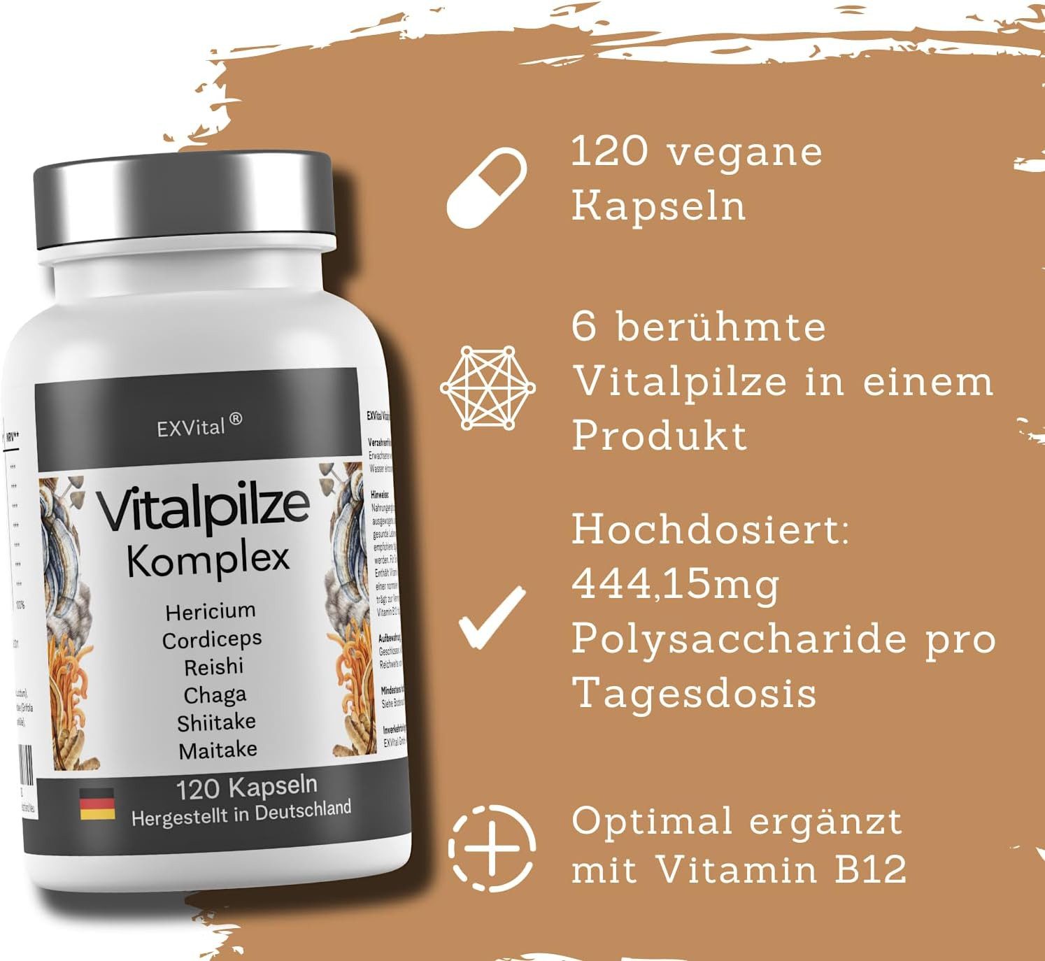 Vitalpilze Komplex- Hericium, Cordyceps, Reishi, Chaga, Shiitake, B12 Kapseln, 73 g