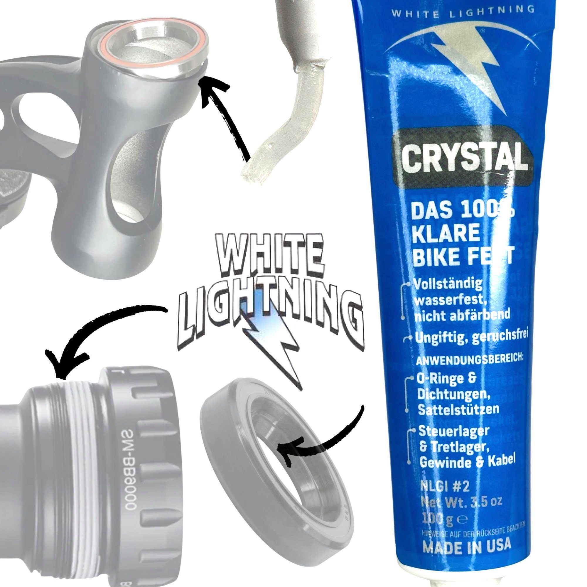 White Lightning Fahrrad-Montageständer Lightning Crystal Clear Fahrrad Fett Gewinde Lager Dichtungen 100g