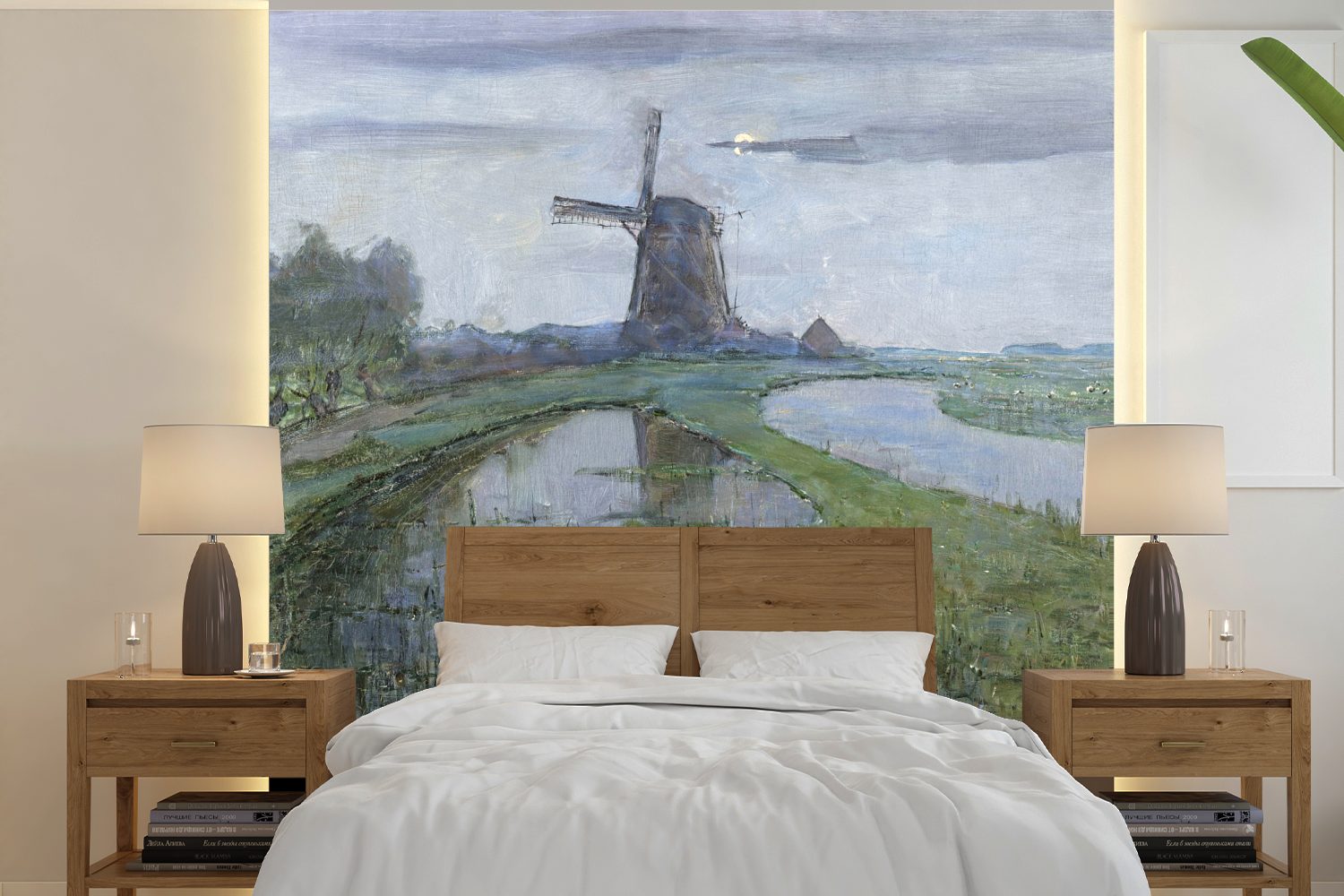 MuchoWow Fototapete Windmühle auf der Gein bei Mondschein - Piet Mondrian, Matt, bedruckt, (5 St), Vinyl Tapete für Wohnzimmer oder Schlafzimmer, Wandtapete