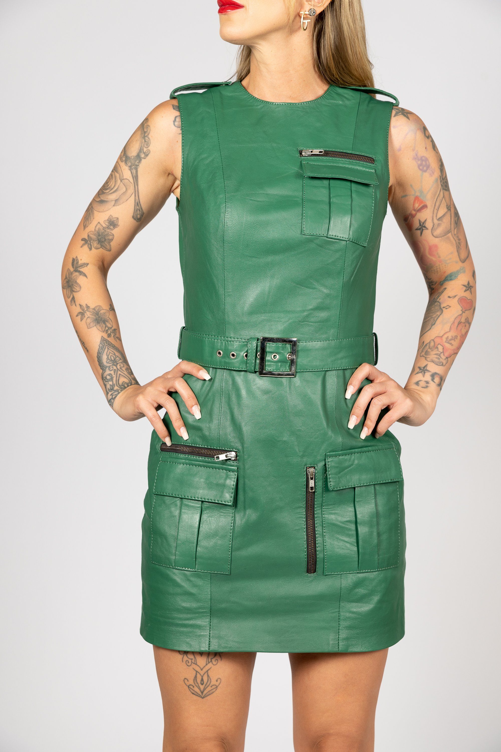 grün grünes Beverly Lederkleid Sportliches mit Hills Cargotaschen Lederkleid Lammnappa aus Noble Be