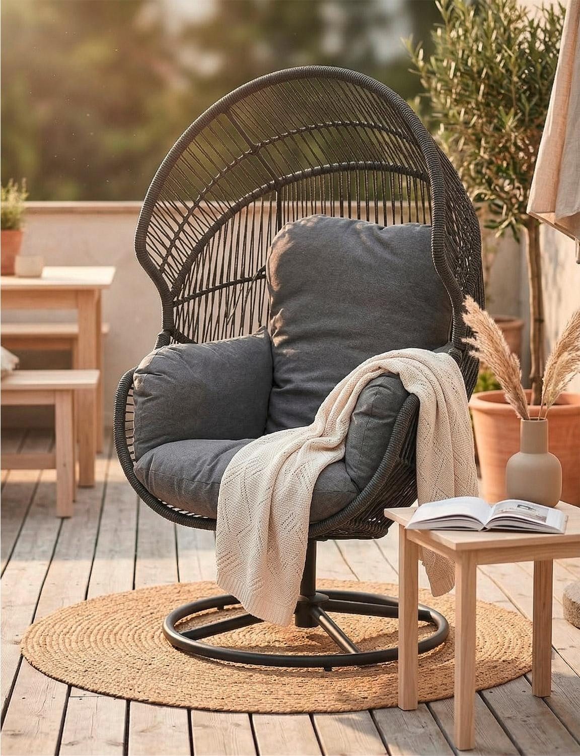 L.C. Wholesaler GmbH Gartensessel XARO, Anthrazit, Schwarz, Stahl, Seilbespannung, Kunststoffgeflecht, Drehbar, mit Kissen, B 86 x H 150 x T 88 cm