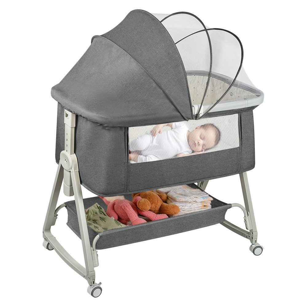 JEOBEST Beistellbett 3 in1 Babybetten mit Rollen, Beistellbett Baby mit Moskitonetz, (6 Fach Höhenverstellung und Neigungsverstellung)mit Aufbewahrungskorb