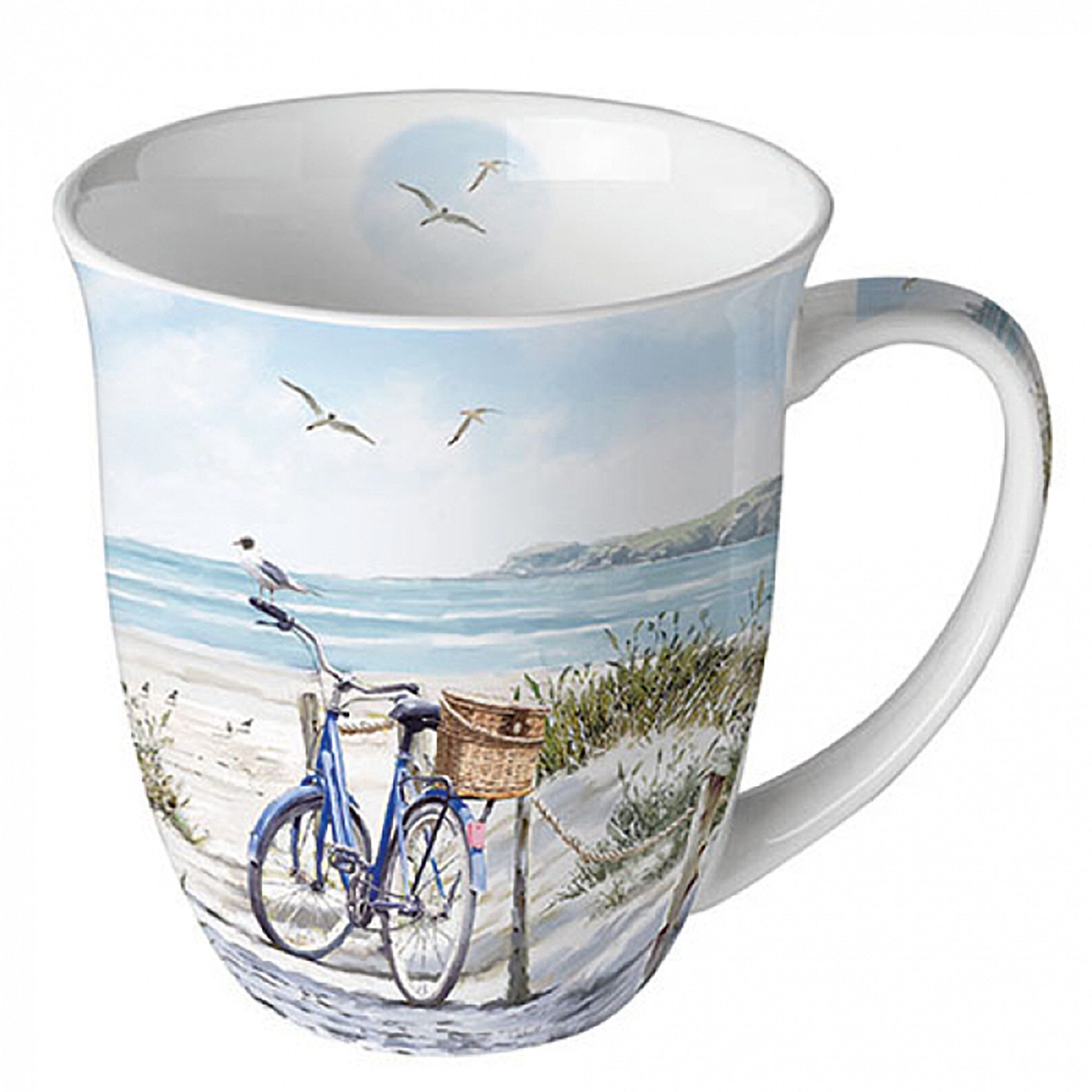 Ambiente Luxury Paper Products Tasse, Keramik, Tasse 10cm Porzellan mit Fahrrad & Strand Motiv Hellblau / Beige