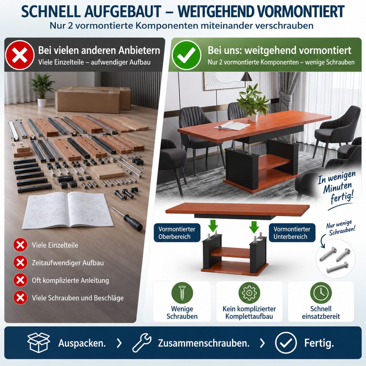 designimpex Couchtisch DA-666 höhenverstellbar ausziehbar 120/200 cm Esstisch Wohnzimmer, Funktionstisch, Wohnzimmertisch, Tisch, Esstisch, Sofatisch, Schublade – Bild 3 von 5