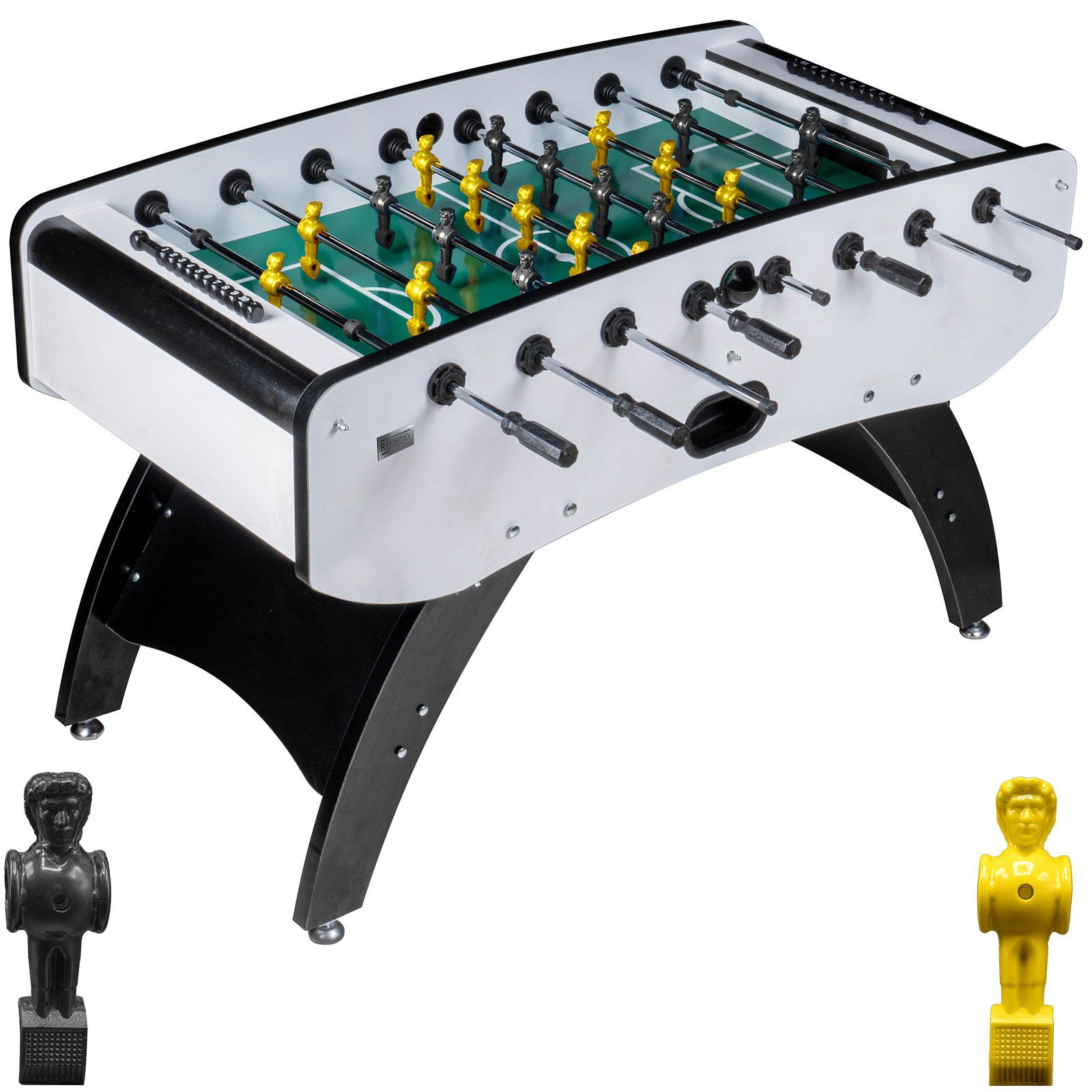Kickertisch Tischkicker Weiß Schwarz grünes Spielfeld Figuren Schwarz Gelb 80kg