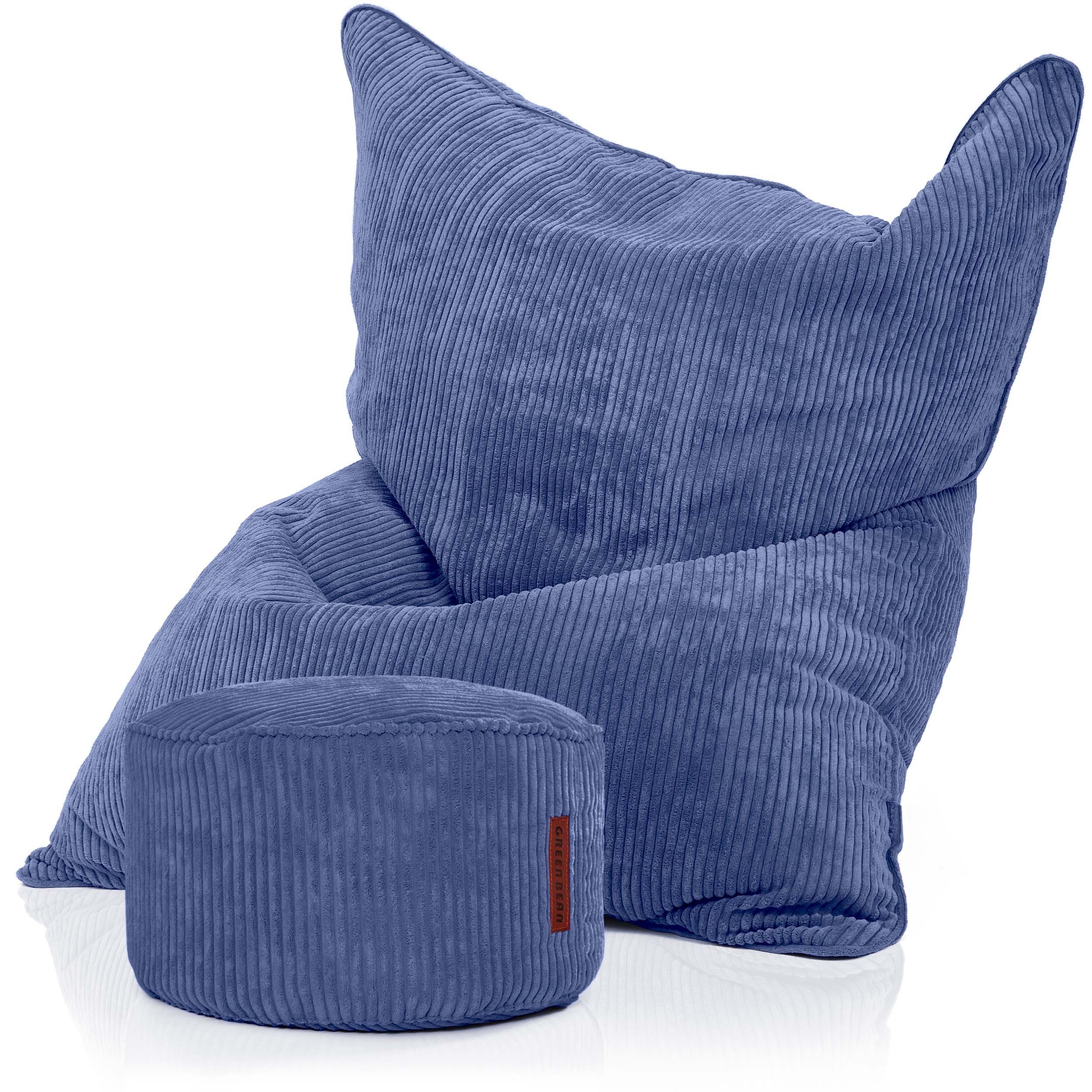 Green Bean Indoor im Set Sitzkissen passenden Pouf + - Bodenkissen (Sitzsack Waschbar Pouf Bag Sitzsack XXL Cord Riesensitzsack + Square EPS Dunkelblau Liegekissen Fußhocker, Drinnen mit Füllung), Bean