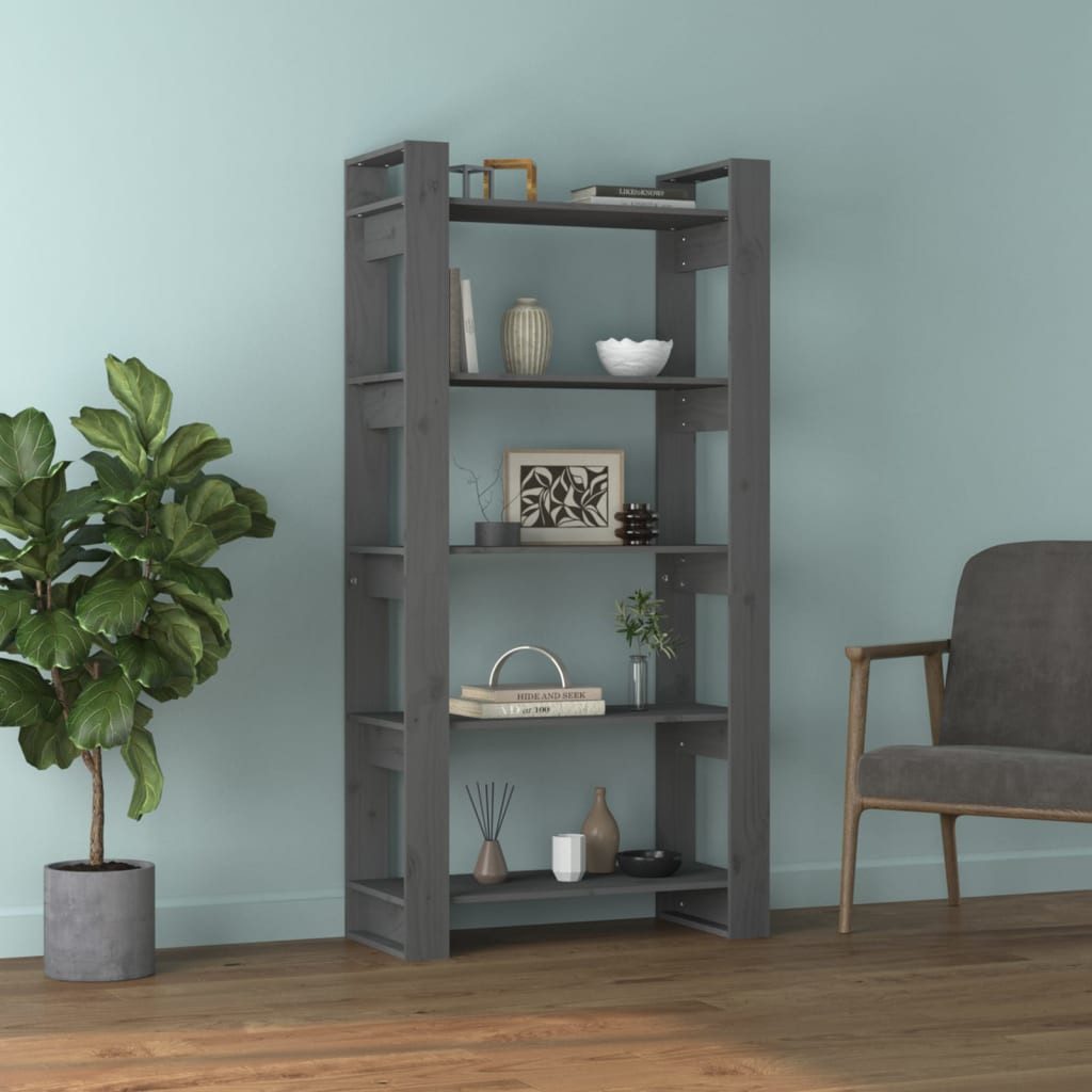furnicato Bücherregal Vielseitiges aus massivem Kiefernholz 80x35x160 cm Grau, 1-tlg., Robuster Raumteiler mit viel Stauraum und inkludierten Wandhalterung