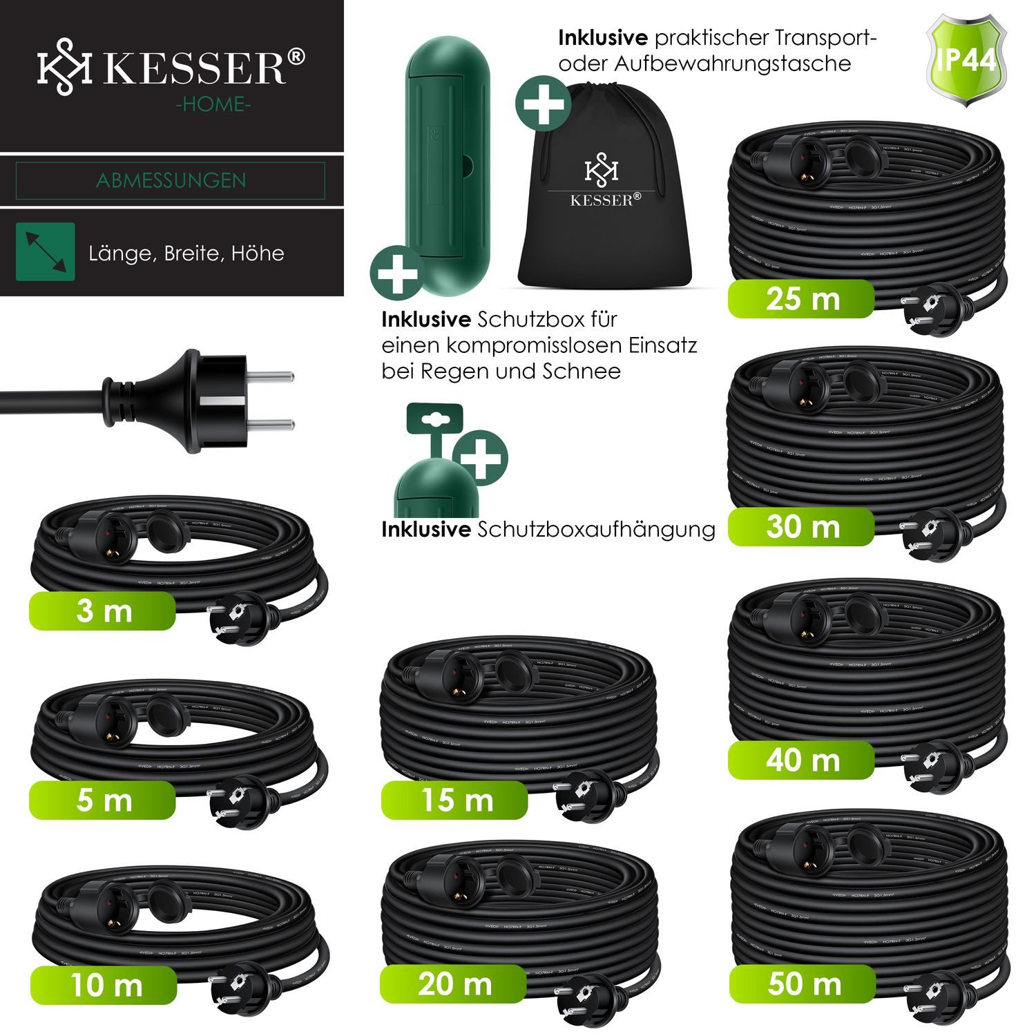 KESSER Verlängerungskabel, (3 cm), Verlängerungskabel mit Schutzkappe Outdoor für Innenbereich