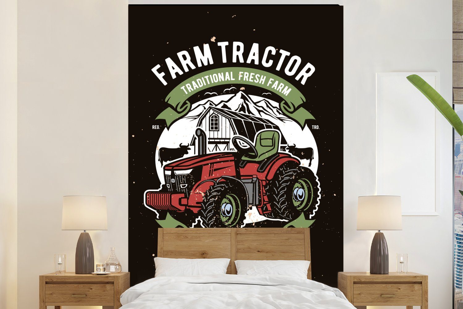 MuchoWow Fototapete Traktor - Bauernhof - Retro, Matt, bedruckt, (3 St), Montagefertig Vinyl Tapete für Wohnzimmer, Wandtapete