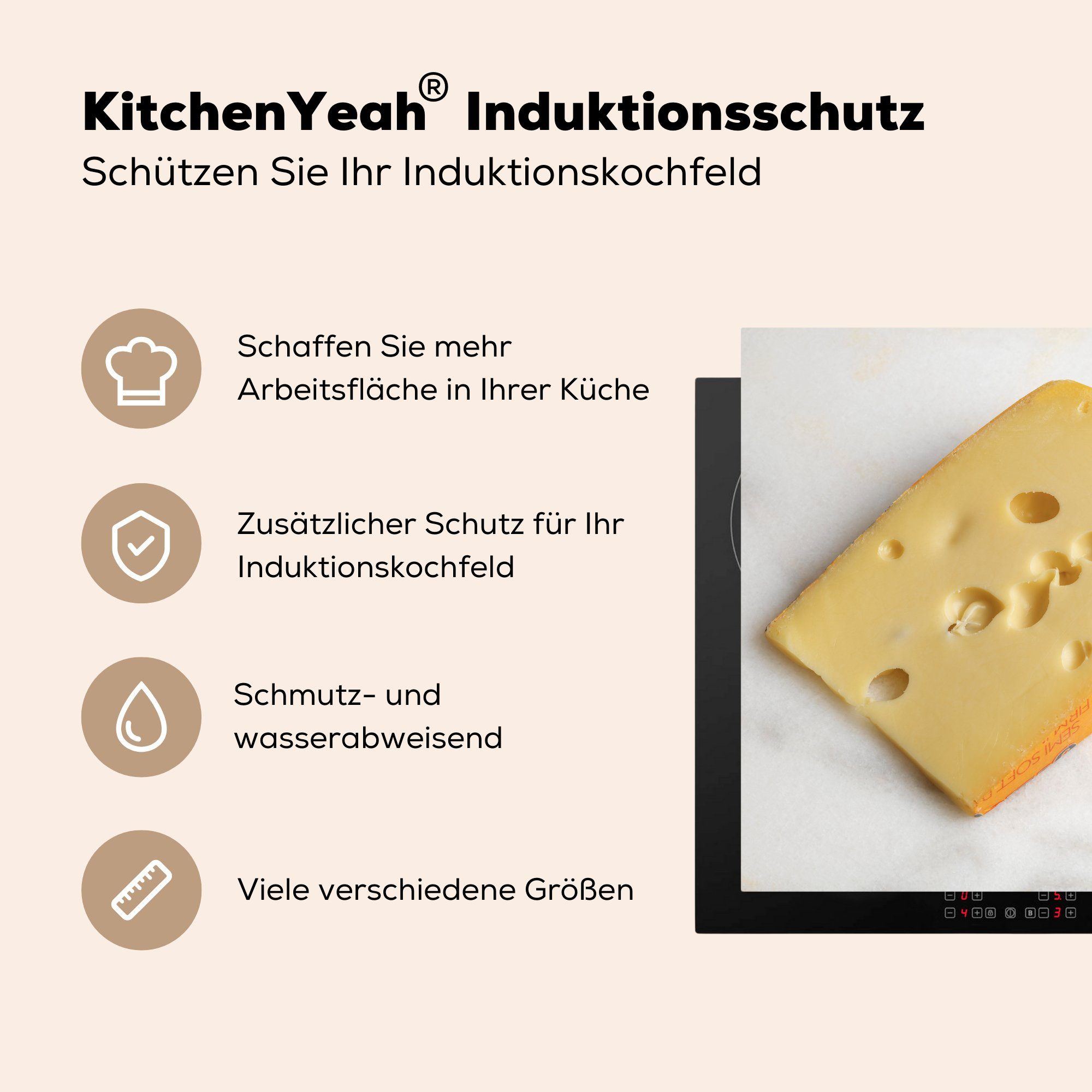 Vinyl, 78x78 MuchoWow Ceranfeldabdeckung, Schweizer Arbeitsplatte für auf cm, küche Herdblende-/Abdeckplatte Ein Stück einer tlg), Käse Arbeitsplatte, (1