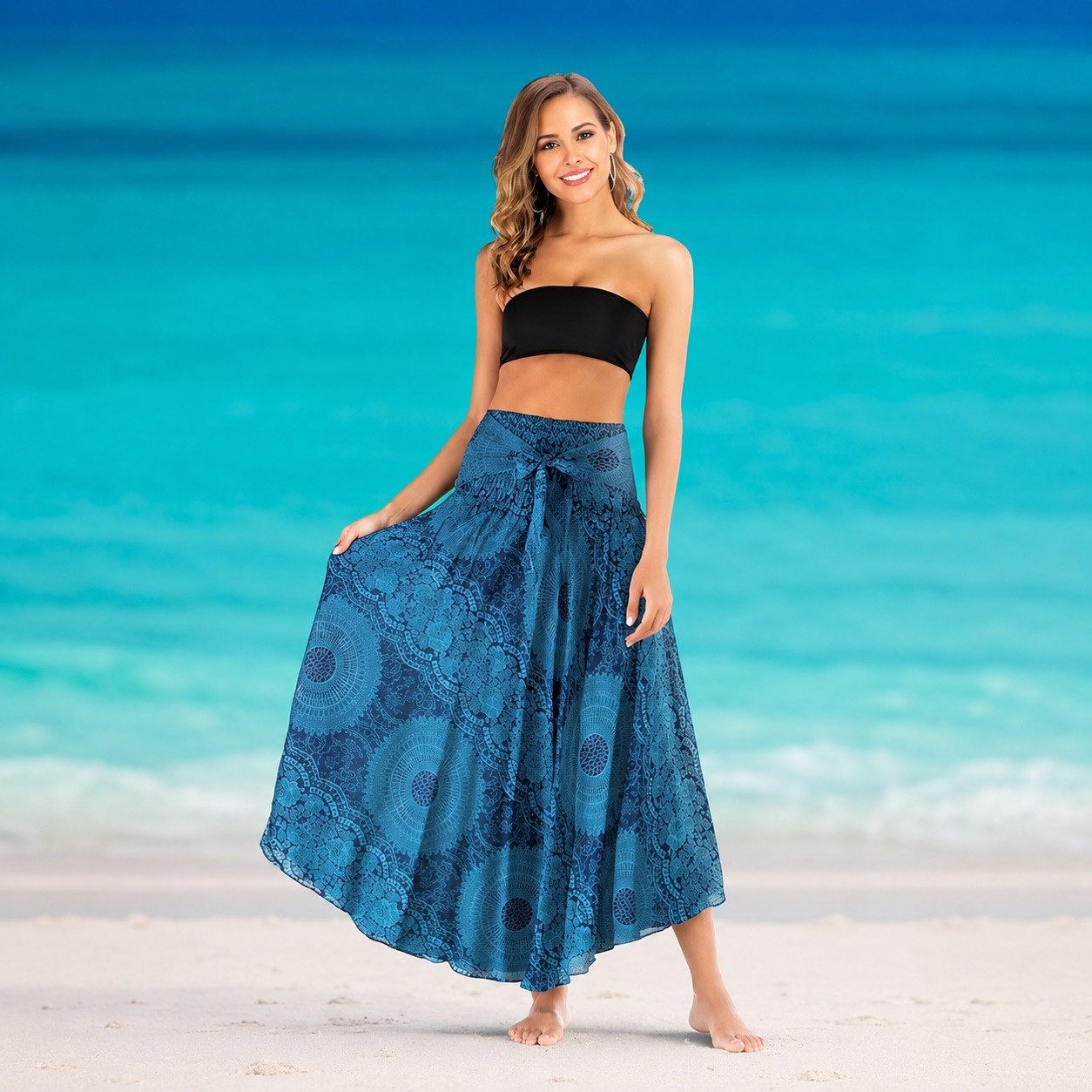 MOPUEA Sommerrock Maxirock Chiffon Bohemien Verstellbares Kleid Urlaub Strandkleider (Ethnischer Stil Blumenmuster, 1-tlg., Two Way to Wear Weich Dünn Cool Atmu – Bild 3 von 5