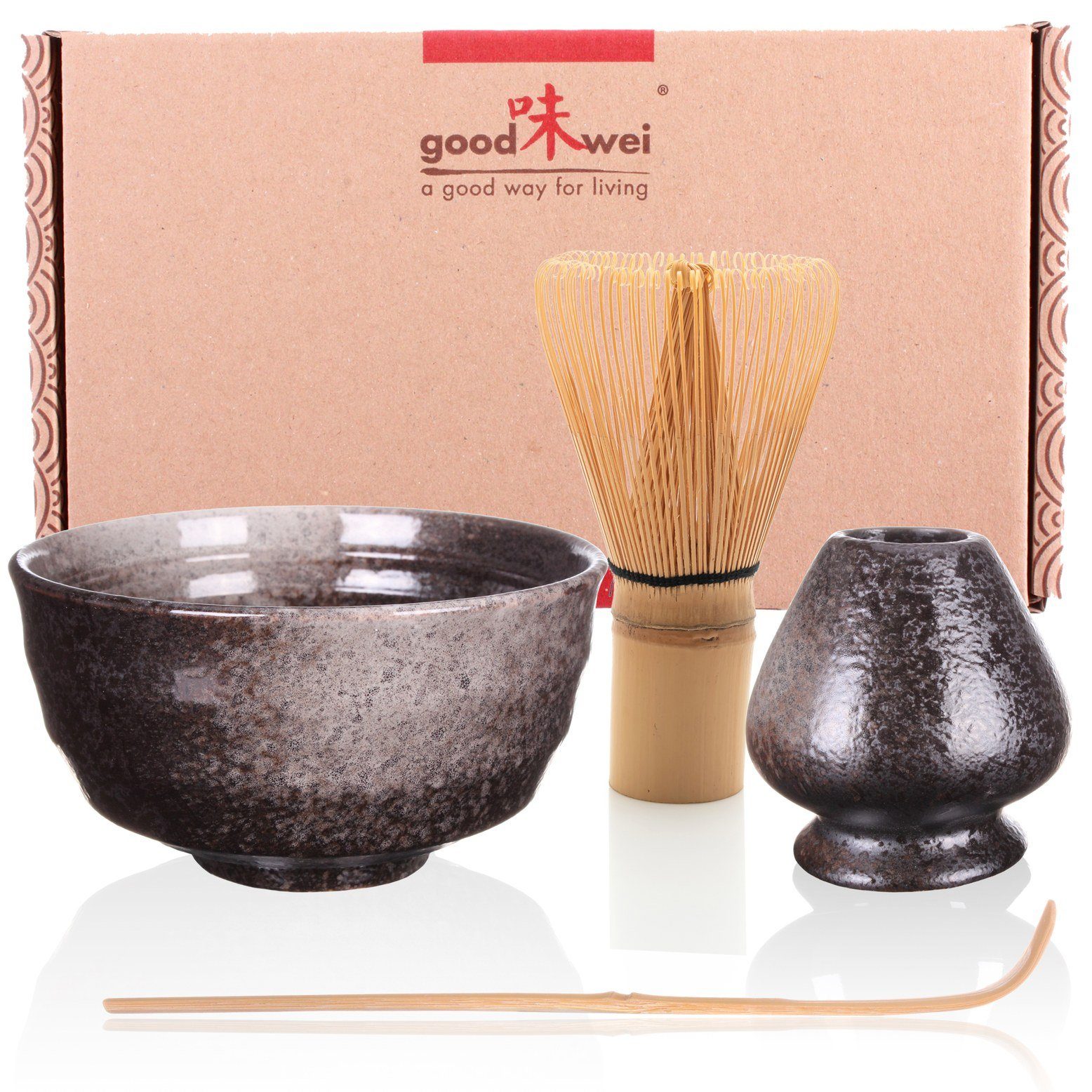 Goodwei Teeservice Matcha-Set "Goma" mit Teeschale, Matchabesen und Besenhalter (4-tlg), Keramik