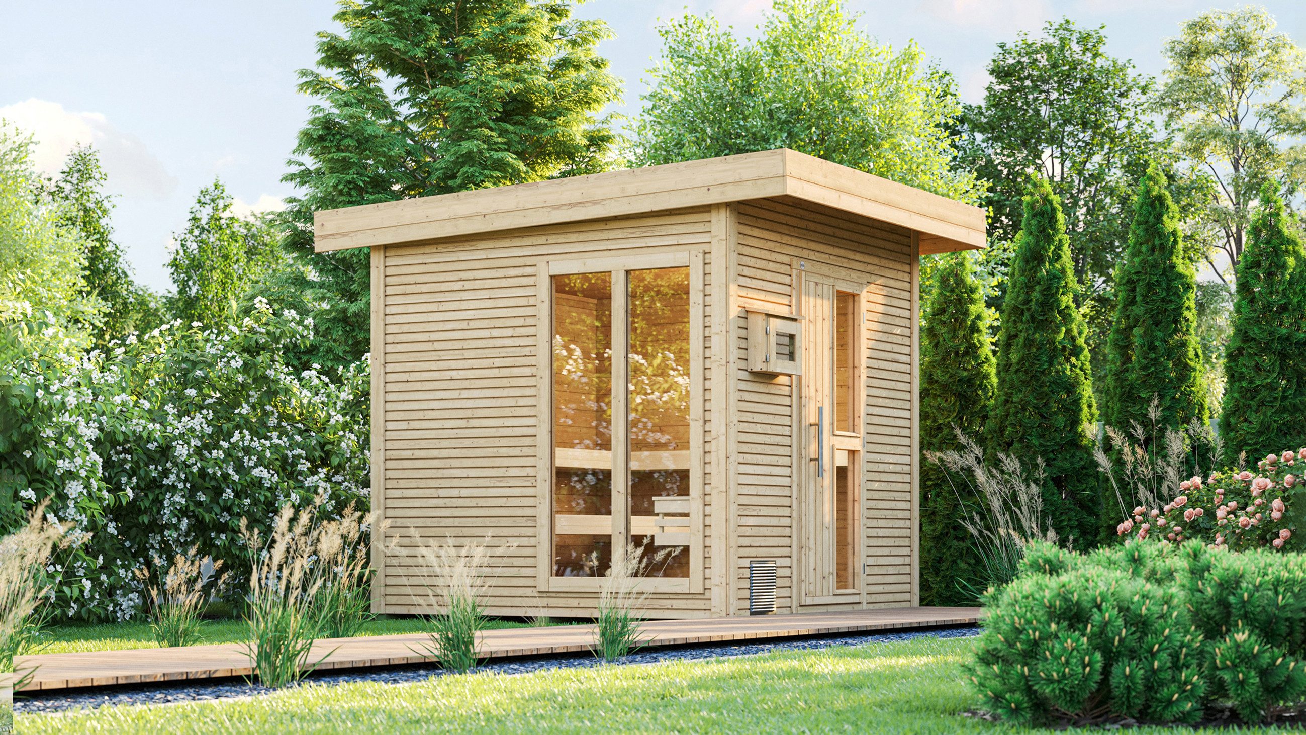 weka Saunahaus Design-Saunahaus KUOPIO 2, BxTxH: 263 x 303 x 253 cm, 45 mm, Blockbohlen im wekaLine-Profil, bodentiefes Fensterelement