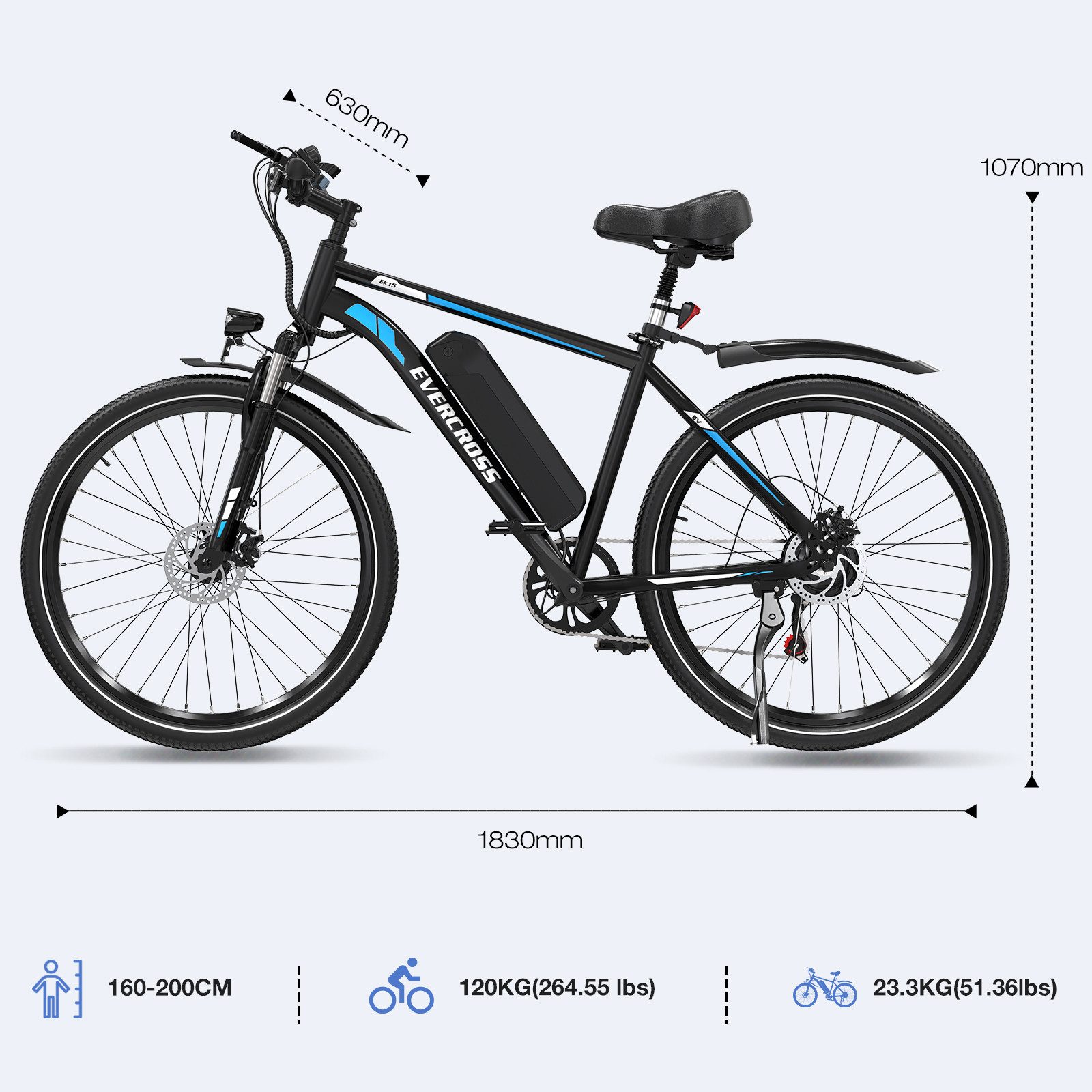 EVERCROSS TECH E-Bike Cityrad für Pendler,27,5-Zoll-Elektrofahrrad,36V 13AH AKKU, 7 Gang, Heckmotor, 468 Wh, 1 Gang, 250W, 468 Wh,E-Citybike mit Schloss, Pumpe