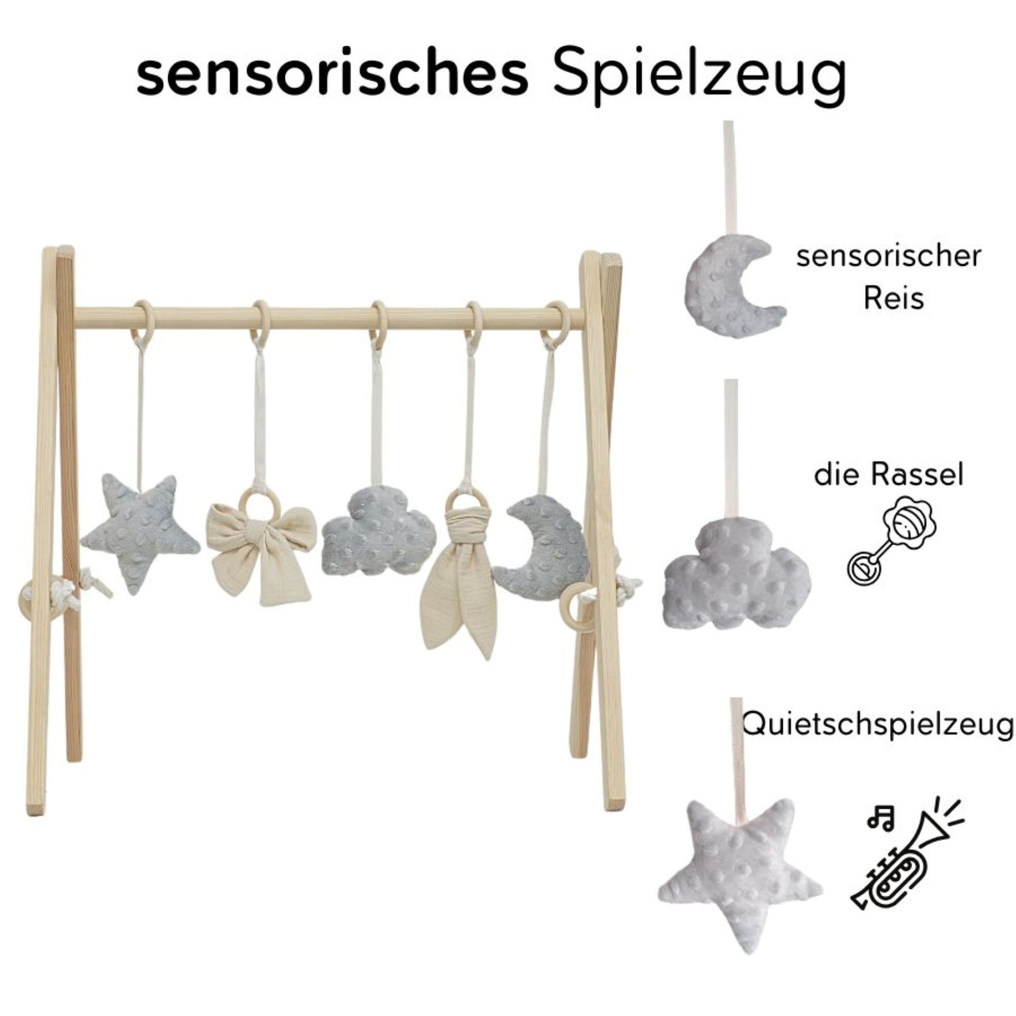 LuMali Baby Gym Holz Spielbogen klappbar 5 Spielzeuge 41x58x49cm Naturholz Kiefer, Spieltrapez Neugeborene sensorisch handgemacht faltbar leicht Geschenk