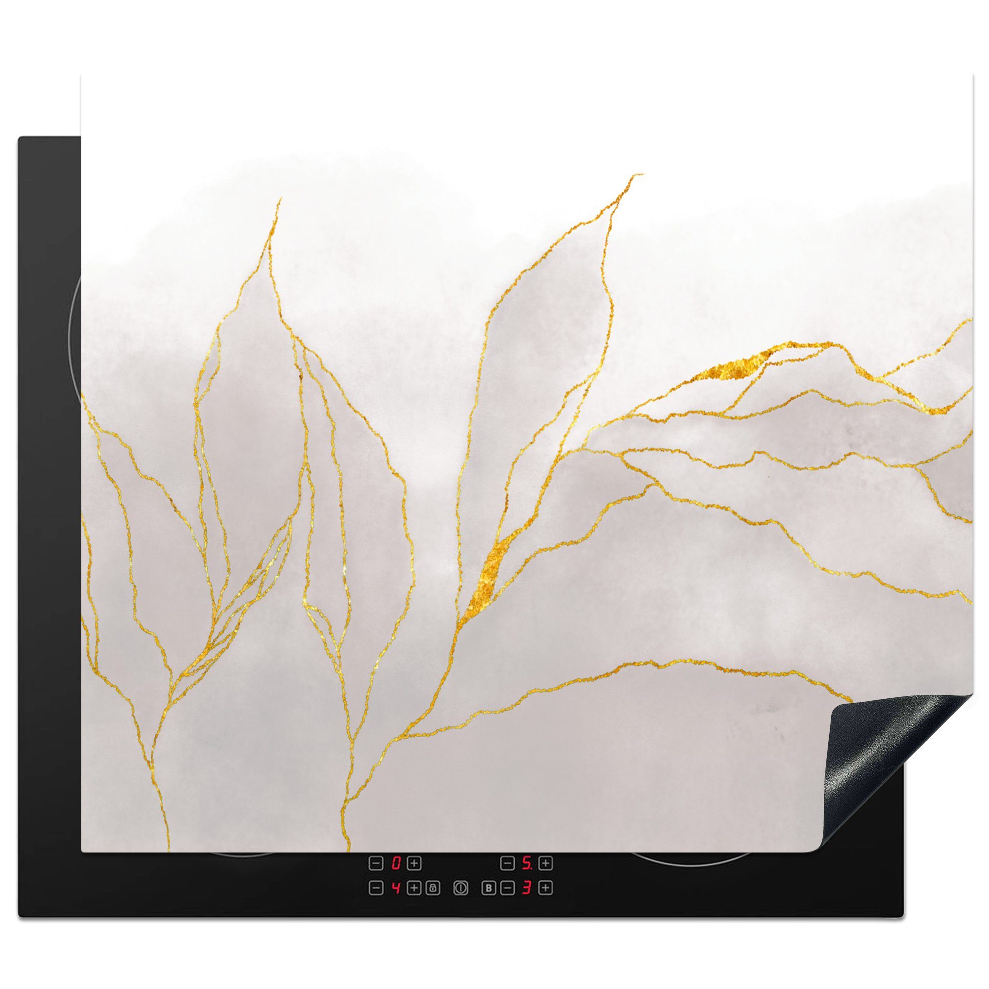 MuchoWow Herdblende-/Abdeckplatte Marmoroptik - Grau - Gold - Chic - Marmor, Vinyl, (1 tlg), 60x52 cm, Mobile Arbeitsfläche nutzbar, Ceranfeldabdeckung