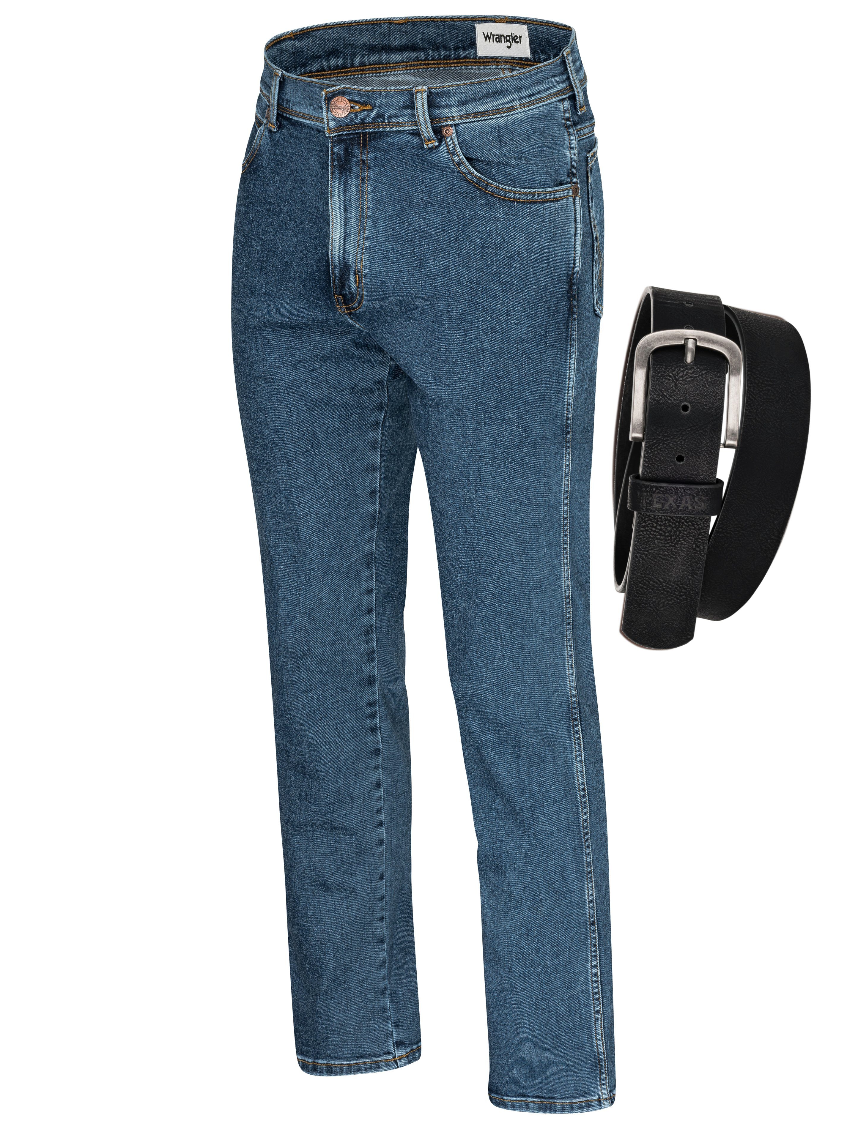 Wrangler Straight-Jeans Texas Authentic Straight Herrenjeans Jeans Stretch mit Gürtel Stonewash + schwarzer Gürtel