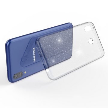Nalia Smartphone-Hülle Samsung Galaxy M20, Klare Glitzer Hülle / Silikon Transparent / Glitter Cover / Bling Case
