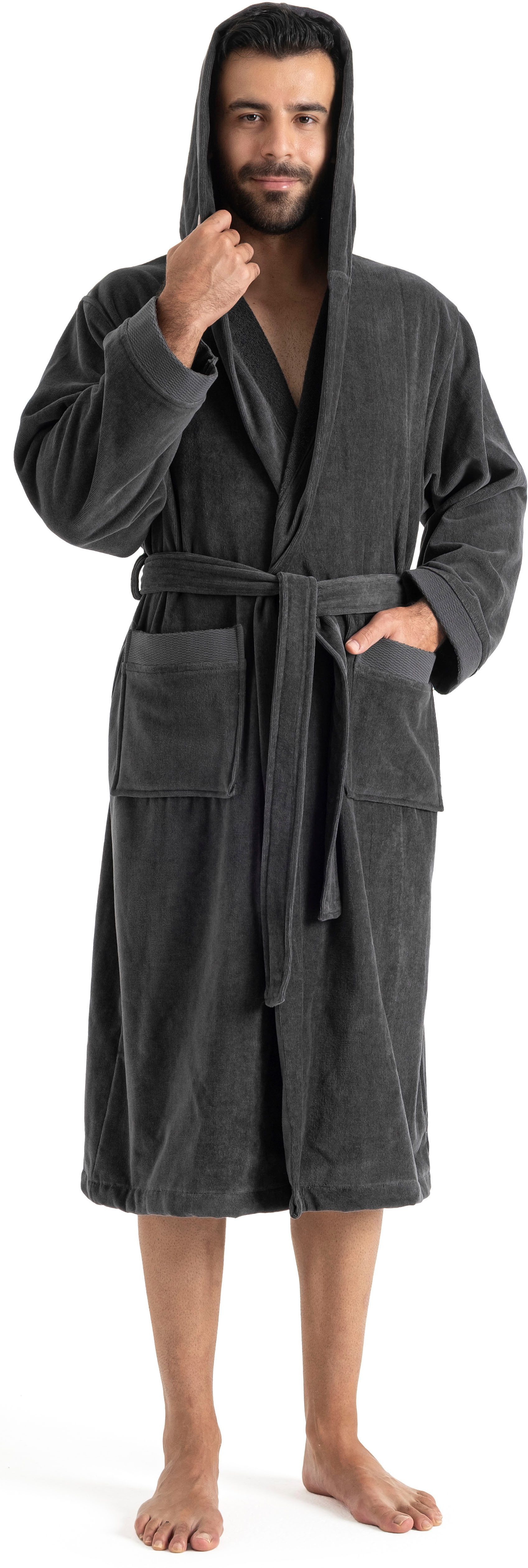 OTTO home Unisex-Bademantel Fenya, 330 g/m², Premium, Hotelbademantel, Morgenmantel, Sauna & Spa, Langform, Veloursfrottier, Kapuze, Gürtel, Reißverschlusstaschen, weich mit GRATIS-Zugabe: 1x Duschtuch 70x140 cm