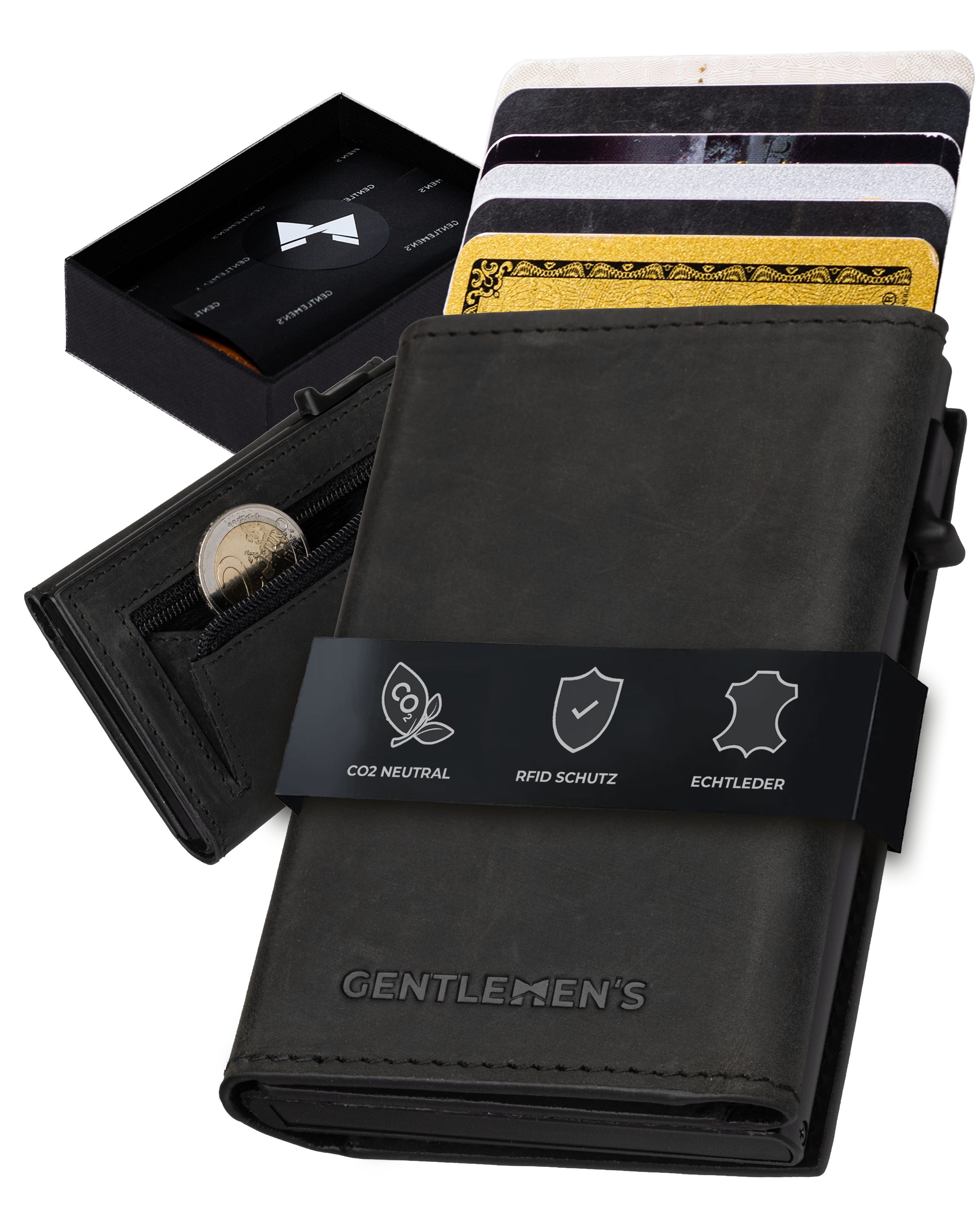 Gentlemen's Geldbörse Cardholder - Kreditkartenetui mit Münzfach & RFID-Schutz Smart Wallet, Kleiner Geldbeutel für Herren - Herren Portemonnaie mit Scheinfach Schwarz