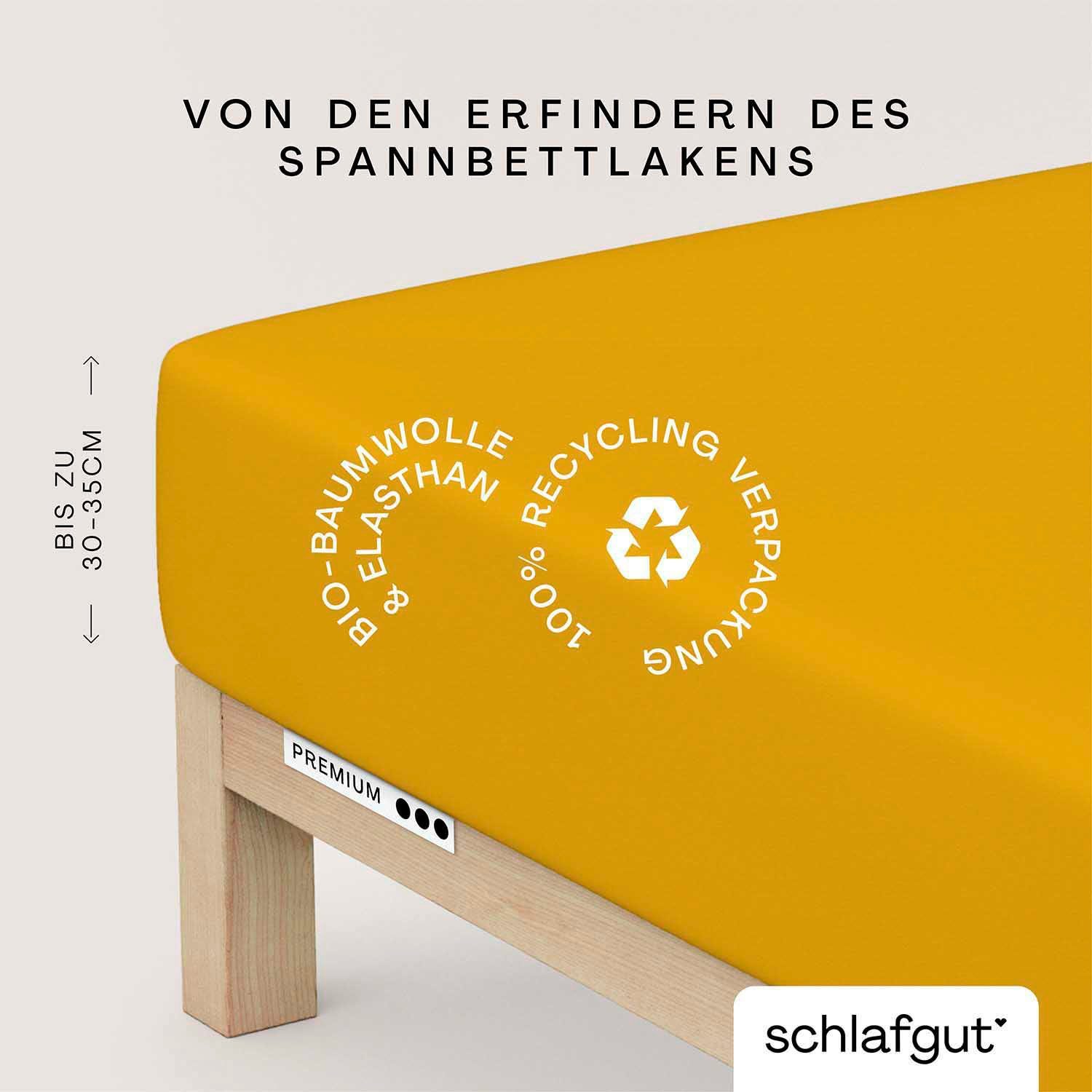 Schlafgut Spannbettlaken PREMIUM Mako-Zwirn-Jersey, 220 g/m², 95% Bio-Baumwolle, 5% Elasthan, Mako-Zwirn-Jersey, Gummizug: rundum, (1 Stück), Bettlaken bis 30 cm Höhe, PREMIUM-Qualität langlebig, perfekter Sitz