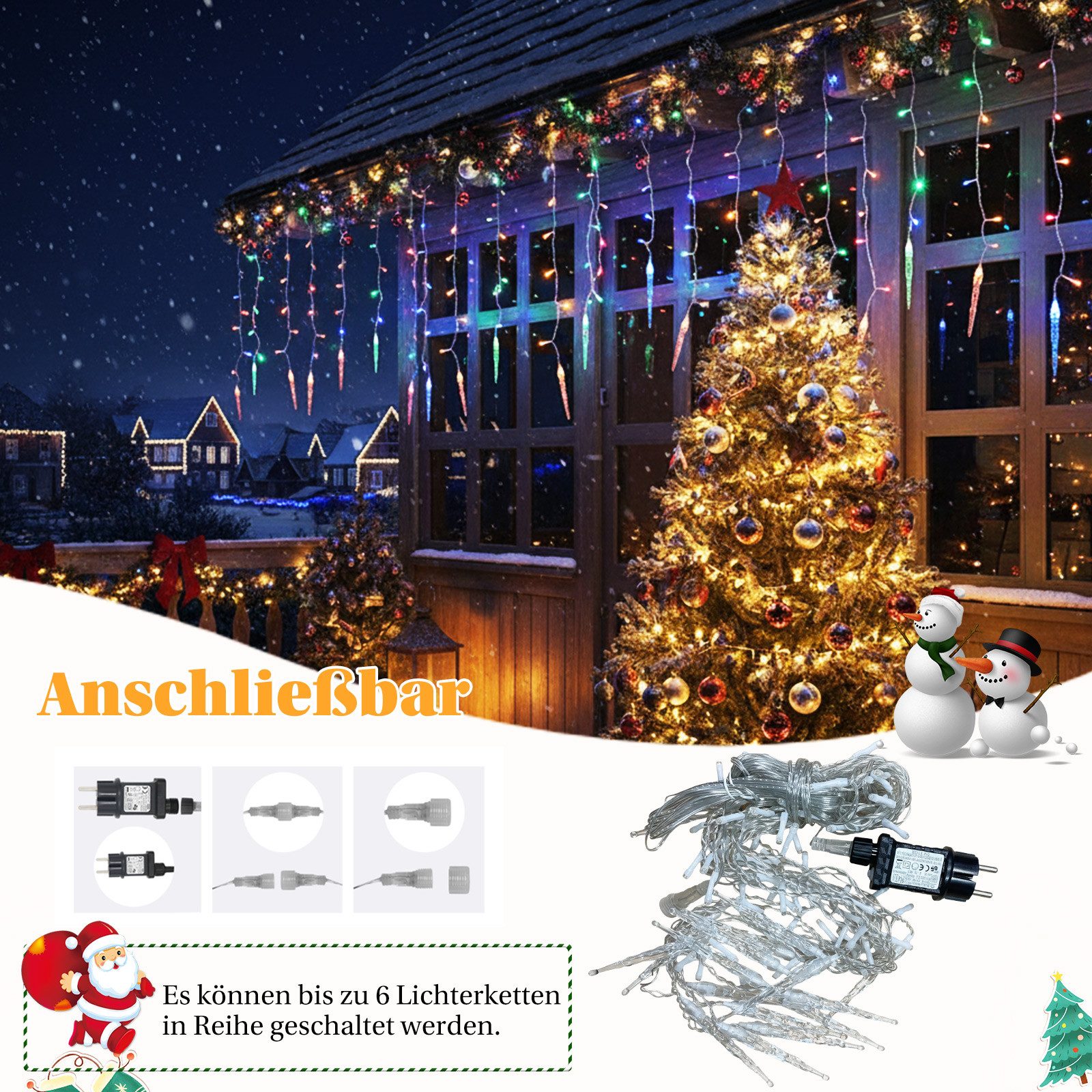 Rosnek LED-Lichtervorhang Eiszapfen-Anhänger, 8 Modi, Timer, für Traufe Weihnachtsdeko, Memory-Funktion, anschließbar, Niedrige Spannung, 96 LEDs, 3.5M – Bild 4 von 5