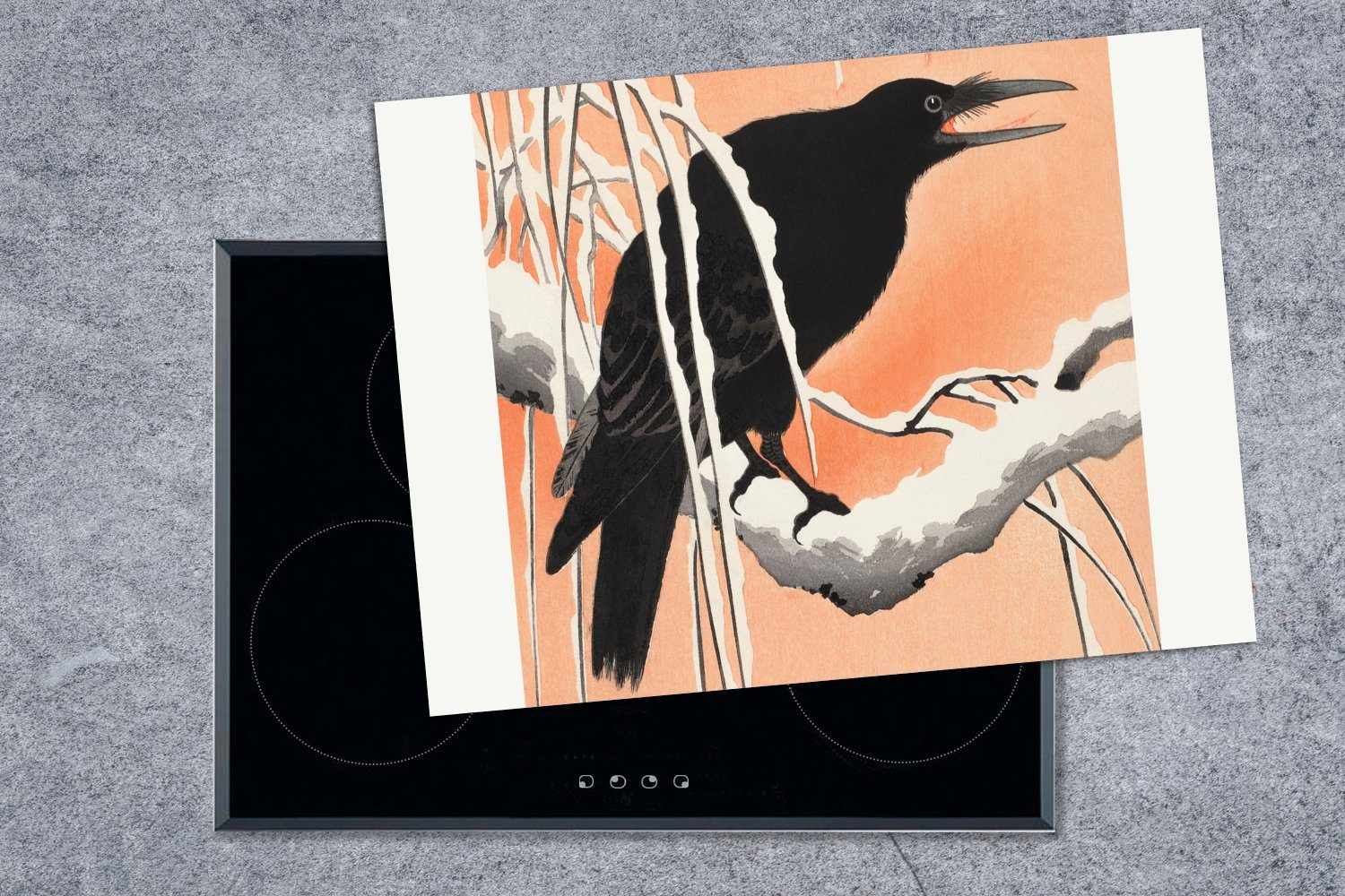 Tiere Zweig, MuchoWow (1 Vinyl, 70x52 cm, - tlg), Vogel Arbeitsfläche Mobile nutzbar, - - Krähe Ceranfeldabdeckung Herdblende-/Abdeckplatte - Vintage