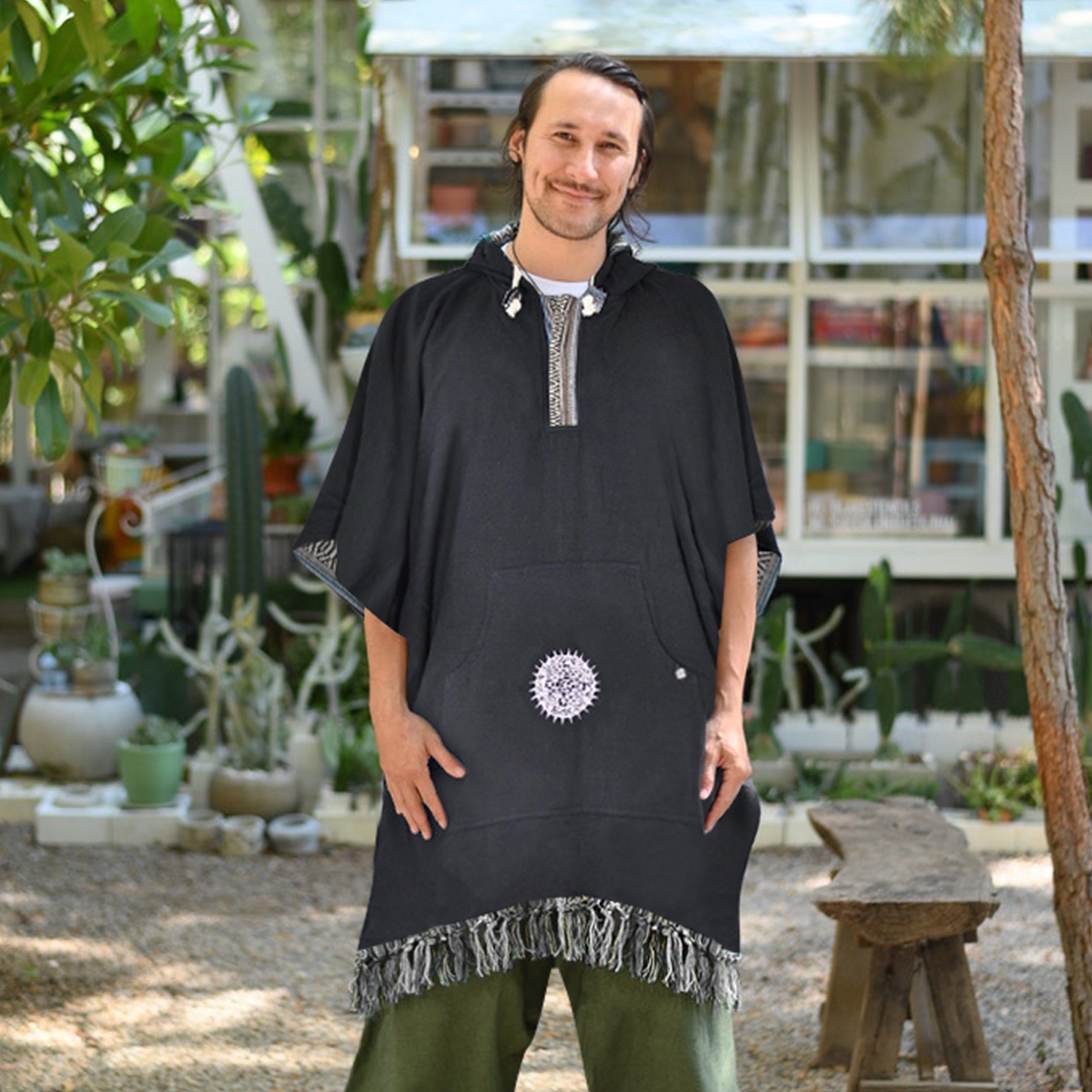 virblatt Poncho Herren & Poncho Damen, Baumwolle, Poncho Winter Jerga Hoodie Mexican zum Wenden