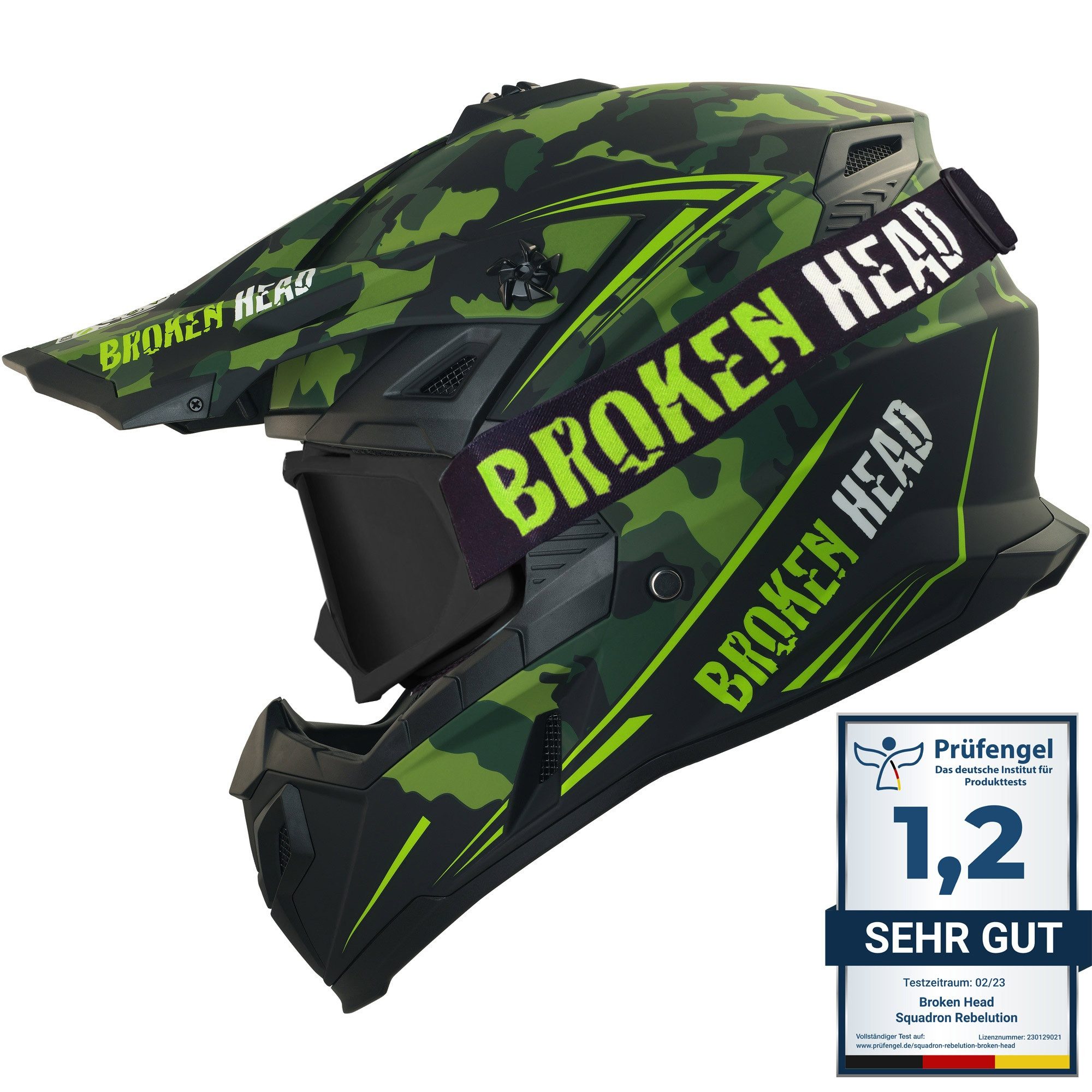 Broken Head Motocrosshelm Squadron Rebelution Grün (Mit MX-2 Brille Schwarz), Mit zwei Verschlüssen